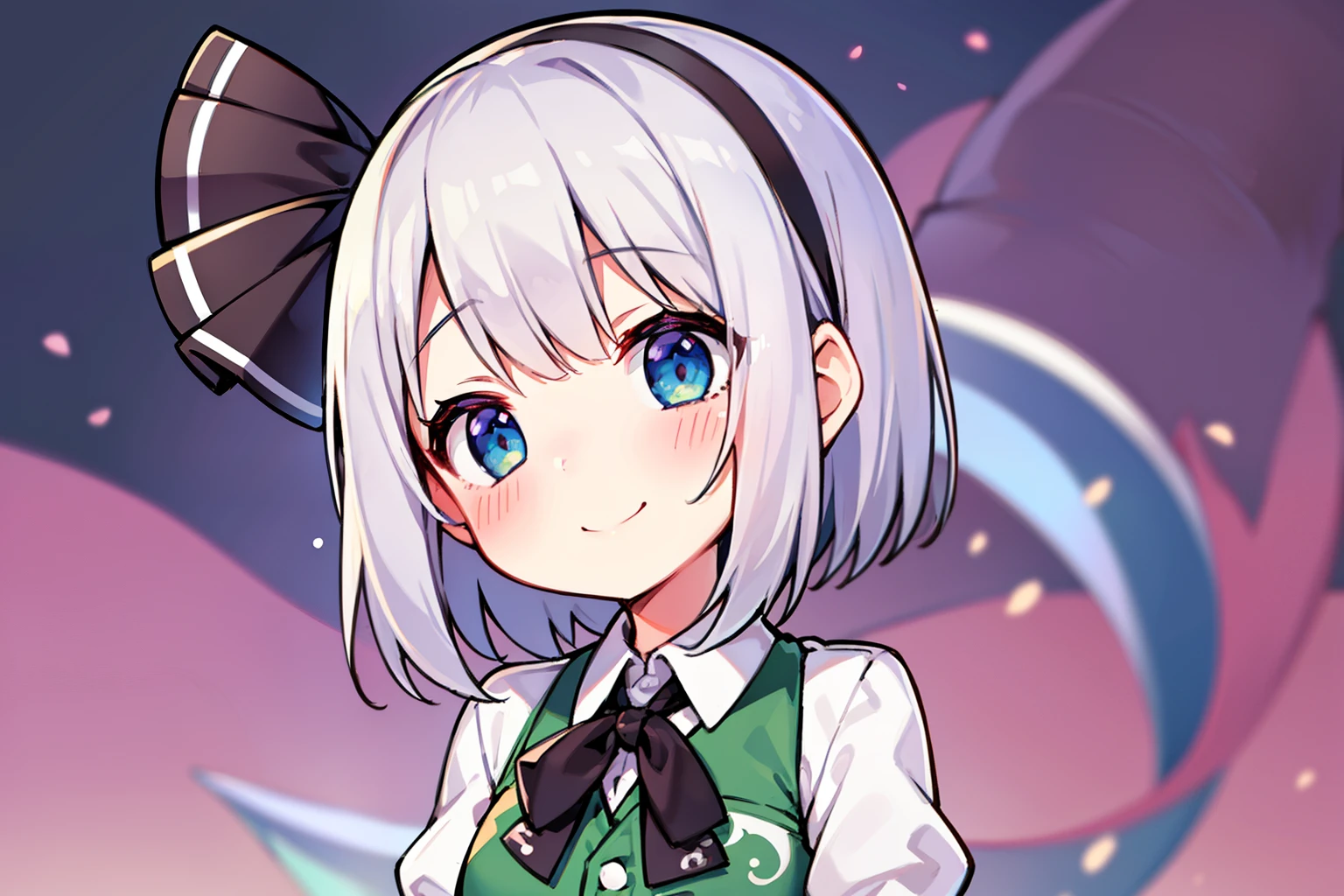 1girl in, 美丽的面容、konpaku youmu, Petite, blushed face、A smile、symple background、White hair