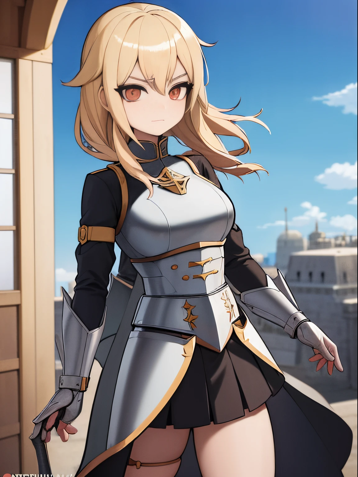 anime girl with sword and shield standing on a ledge in a city, Menina da armadura, Poderosa princesa do deserto, Mechanized Valkyrie girl, protagonista feminina 👀 :8, Portrait of a female anime hero|, Personagem de anime feminino, female action anime girl, cavaleiro feminino, protagonista feminina, menina na armadura do cavaleiro, anime epic artwork