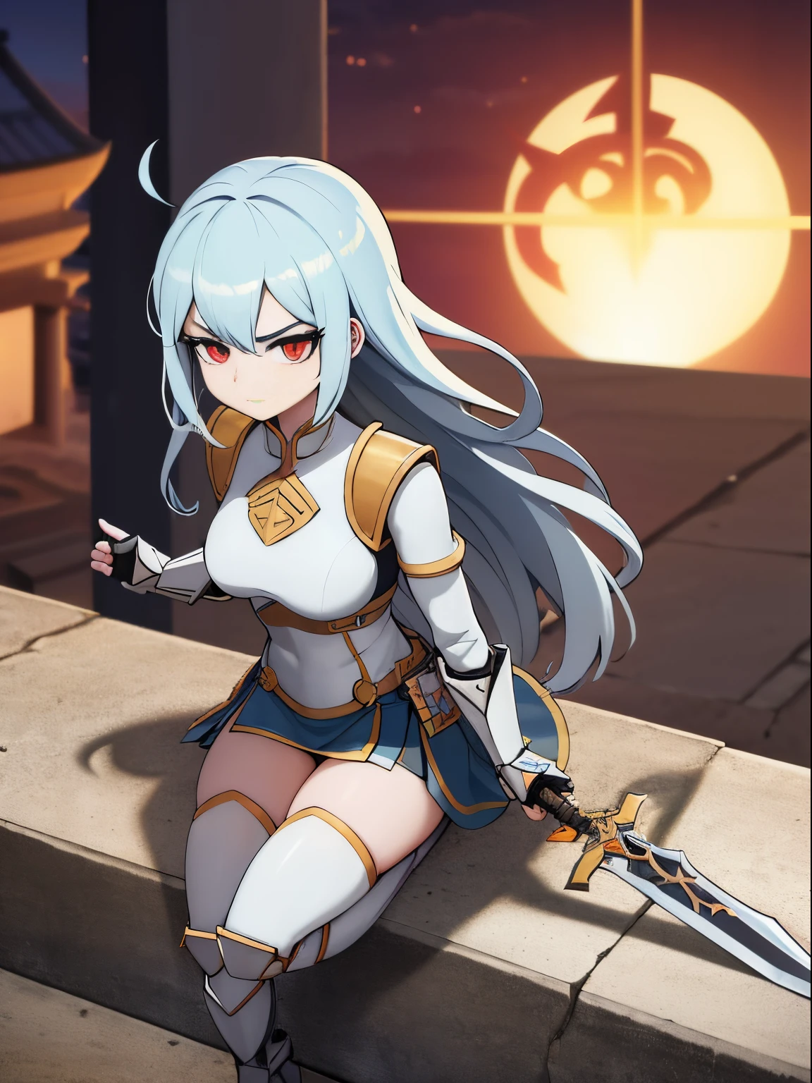 anime girl with sword and shield standing on a ledge in a city, Menina da armadura, Poderosa princesa do deserto, Mechanized Valkyrie girl, protagonista feminina 👀 :8, Portrait of a female anime hero|, Personagem de anime feminino, female action anime girl, cavaleiro feminino, protagonista feminina, menina na armadura do cavaleiro, anime epic artwork