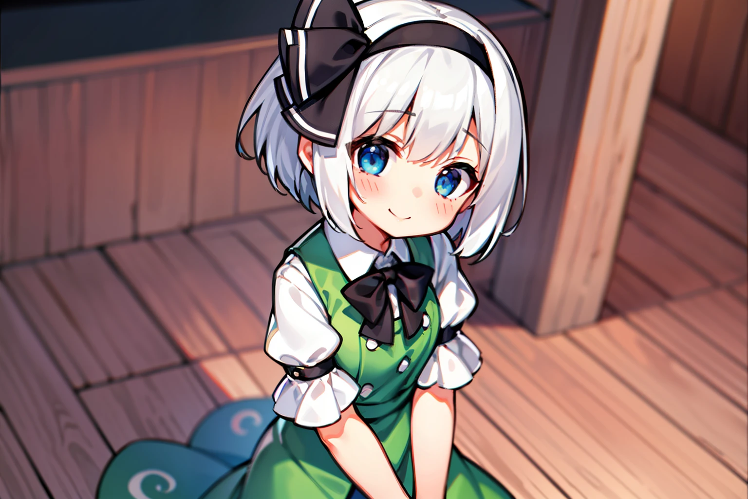 Anime girl with a green dress and black hat sitting on a wooden floor ...