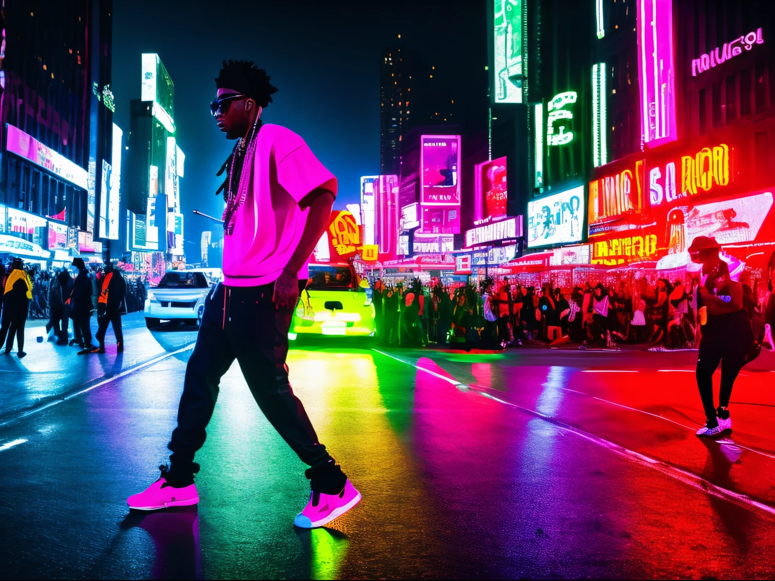 A photorealistic image of A very stylish hip-hop singer, dancing an singing, in the crowded streets of New York, neon colors, hip-hop culture, street festival, Calculus Contours