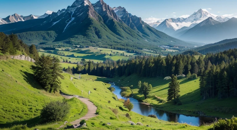 Young couple, scene on a farm in Austria, good definition color photo, mountains with snow on the peaks and green meadows in the valleys