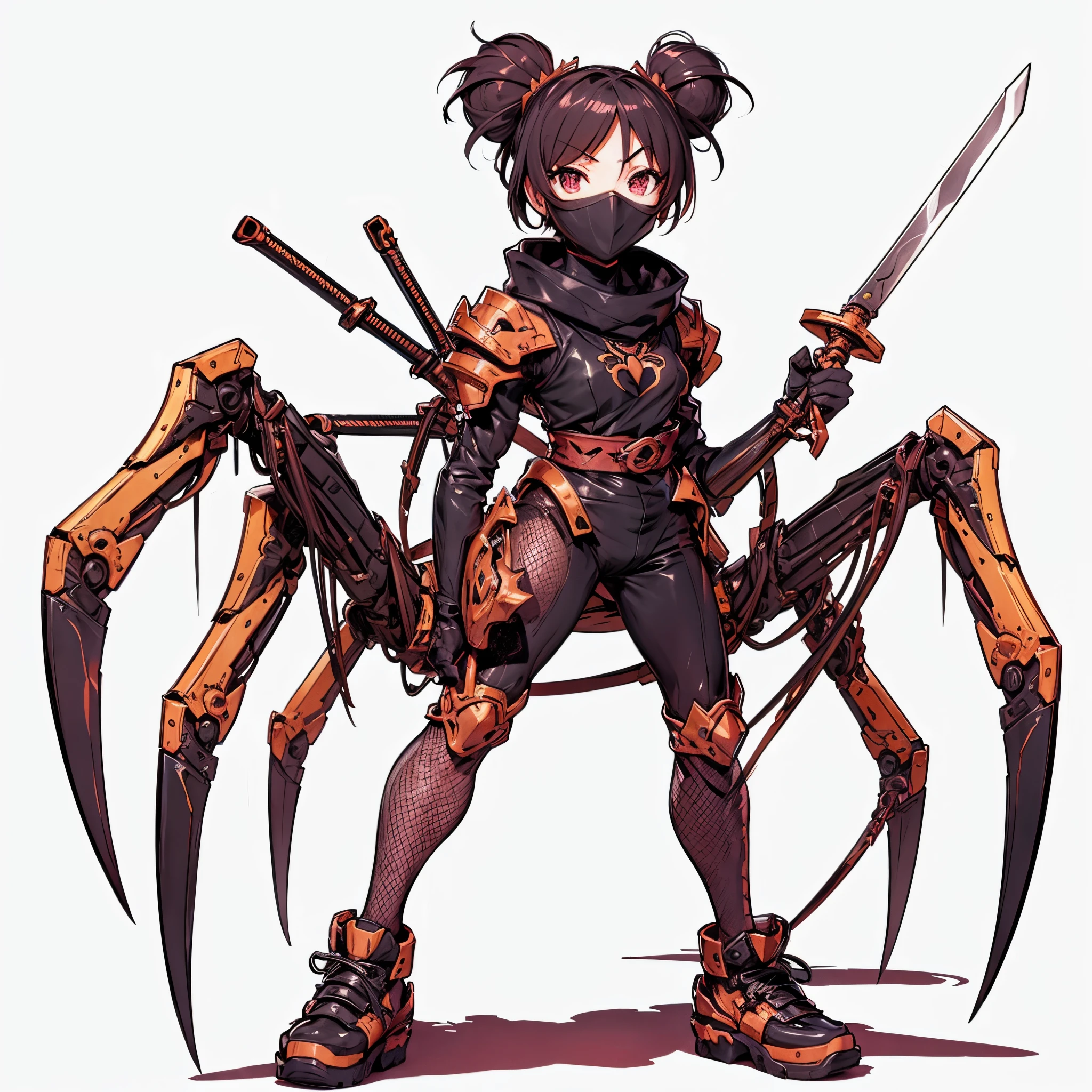 ninja Girl. Armor fused with spider. fishnet tights. prepare your sword. Spider legs. Color. Anime style. Cherry blossom background.