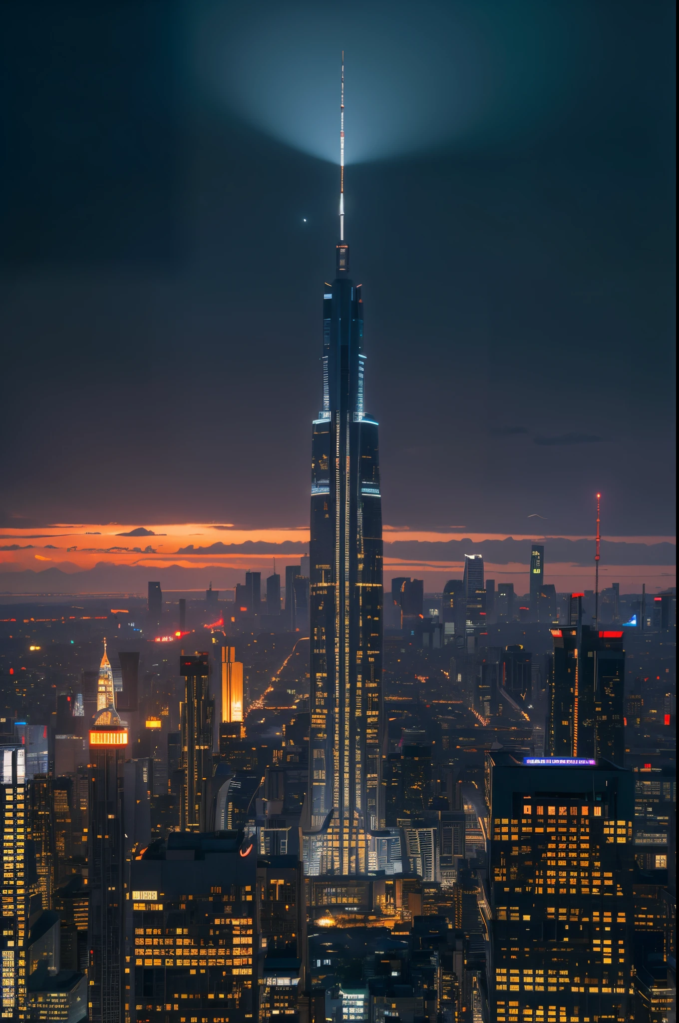 Super futuristic city at dusk,In the middle of a large group of extremely tall buildings,There is also a taller and majestic building.,Very depressing。