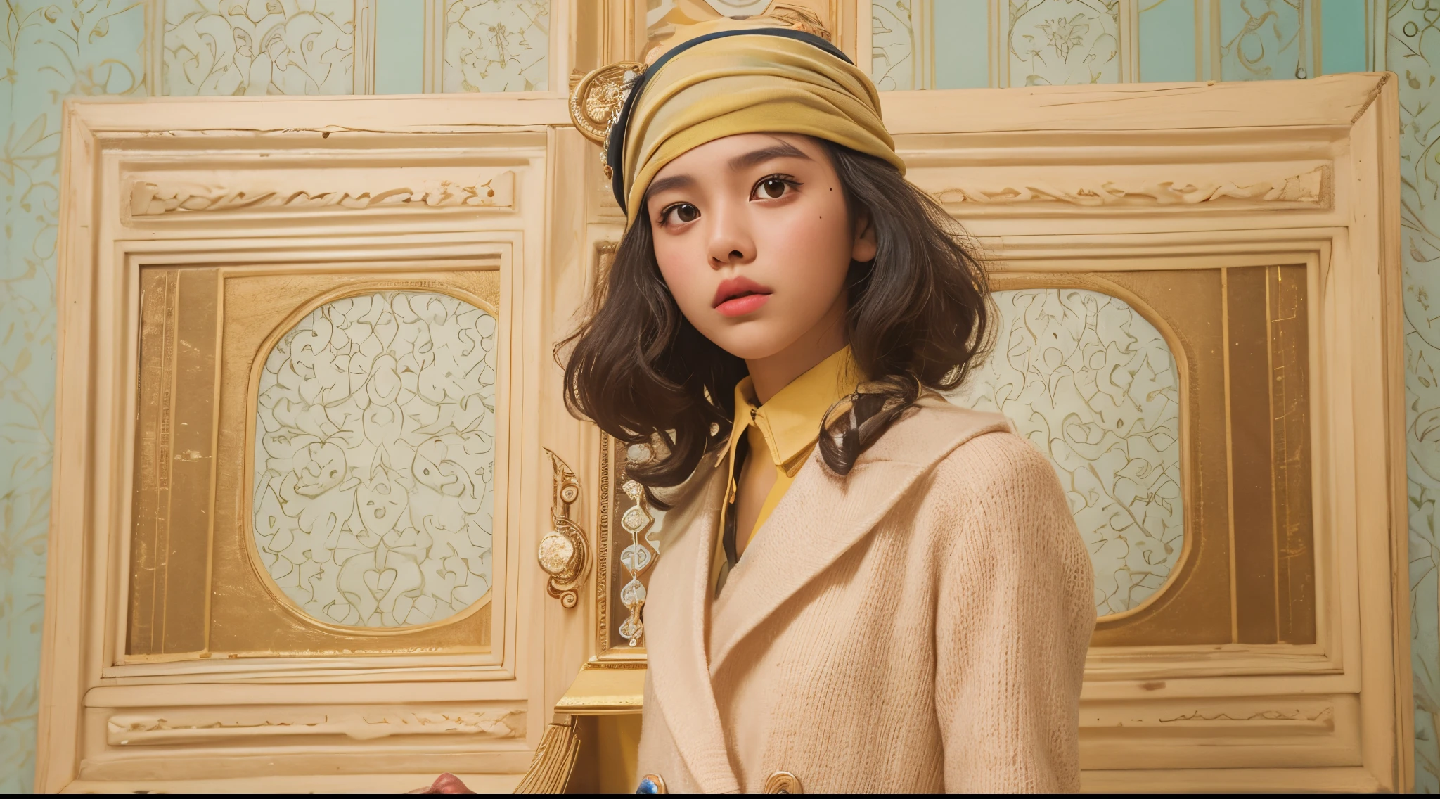 Vogue style photo shoot of malay teenage girl (mira filzah: 1.3) as character RAMBO from the movie The Royal Tenenbaums pastel colored background in Wes Anderson style, hyper - realistic photography, Wes Anderson style, full body, 8k, close - up shot, extreme close - up photo