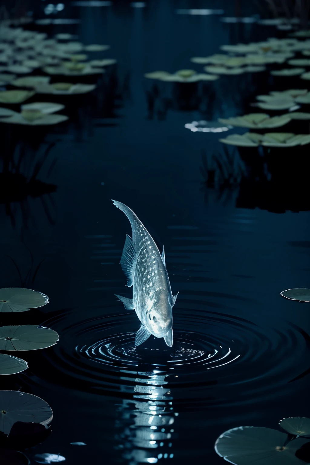 glowing silver fish in the pond, silver fish in the pond, moonlight, eerie night