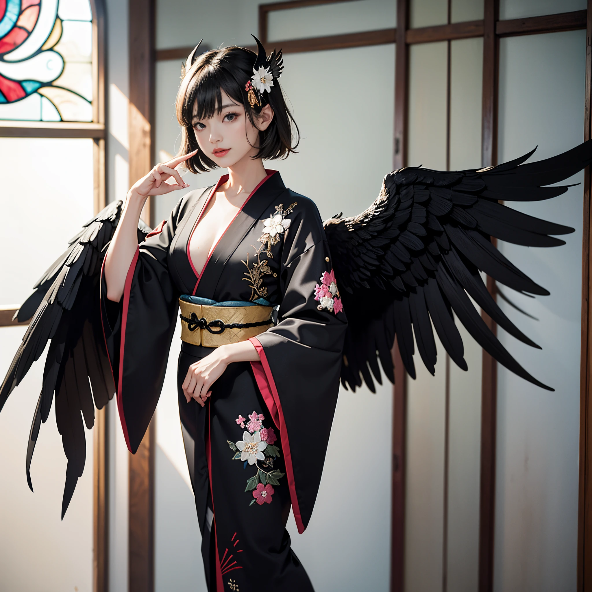 Background of details(Kyoto city with snow),BREAK ,elaborate costume(Luxurious Japan kimono(Colorful kimono(detailed embroidery)(Black fallen angel-like wings grow))),BREAK,(1 Beautiful and classy adult woman(Shy smile:1.2)(Japanese actressl:1.2)(A dark-haired:1.2(short-hair:1.2))),(eye glass:1.2),(Standing in front of the stained glass and looking at me),BREAK,Wallpaper 16K,Blur the background,)(masutepiece,Best Quality,Portrait photos):1.5),full body Esbian