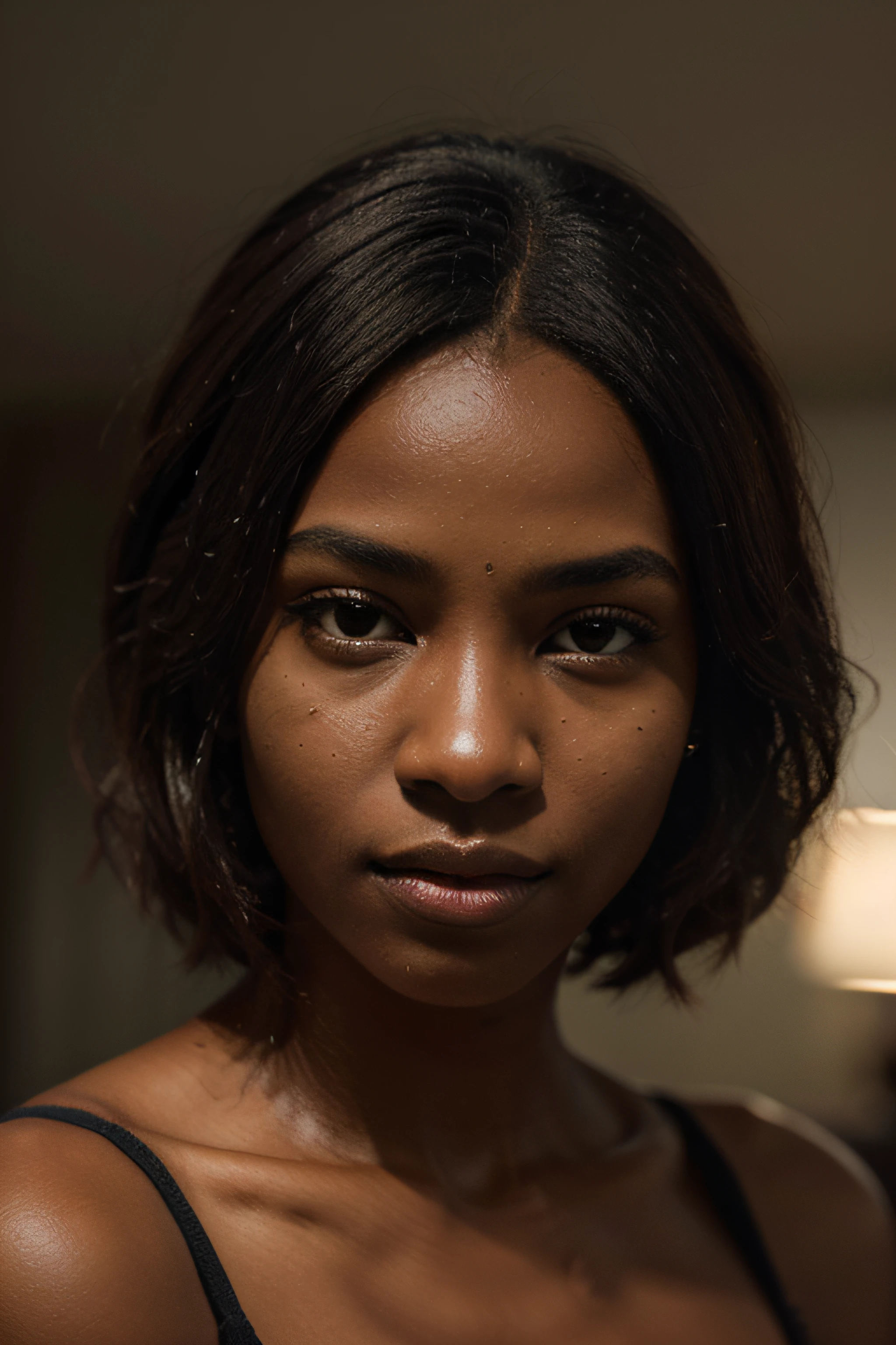 "Please create an image of maximum quality, with advanced levels of detail and cinematic style, that portrays a beautiful brunette woman. The emphasis should be on the model's expressiveness and natural beauty.
Highlight the dark skin, ((African woman))with refined details, capturing nuances of light and shadow to highlight the texture of the skin. The hair should be portrayed in an accentuated way, exploring details such as tone, shine and movement. The model's gaze should convey a captivating emotion and visual connection.
Use cinematographic techniques to create an immersive atmosphere, with lighting that elegantly highlights facial features. The quality of the image should be exceptional, allowing you to see minute details such as the texture of the hair, the nuances of the skin and the facial expression. ((Dark skin))
This prompt aims to create a portrait of a beautiful brunette that is not only aesthetically captivating, but also conveys an engaging visual story with maximum quality and advanced detail." ((African woman, dark skin))