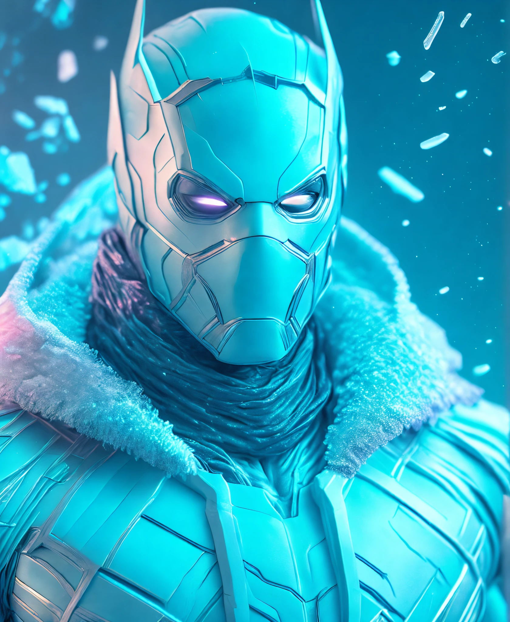 (extremely detailed 8k wallpaper), Close-up ( maskedice-man From Marvel dressed in ice style: 1.3) emerging from cyan frozen ice, colourful winter colours, extremely detailed, volumetric lighting