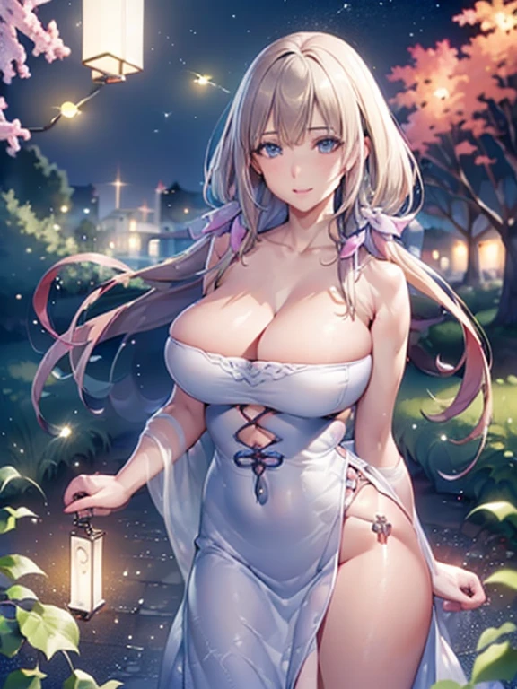 (8K, of the highest quality, masutepiece: 1.2), (Realistic, Photorealistic: 1.37), Super Detail, One girl, Wide-angle angle of view, Firefly Garden, There are many small faint lights and fireflies flying around, Night