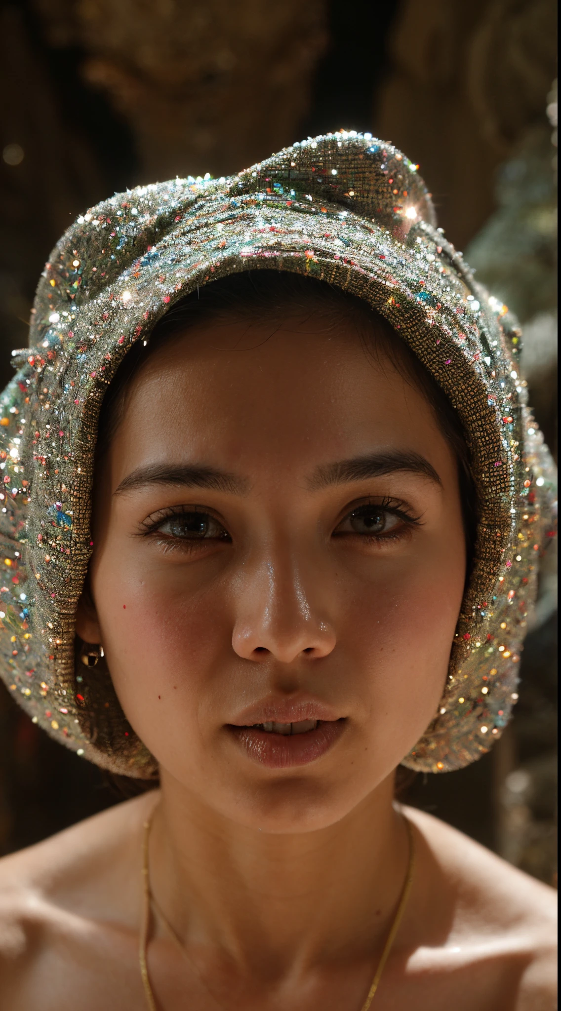 Capture the Malay girl with hijab in a vast cavern filled with towering, sparkling crystals. The radiant crystals reflect the light, casting a surreal and enchanting glow. style raw, pastel color grading, Super 8mm lense, Extreme close-up, Deep Focus cinematography effect
