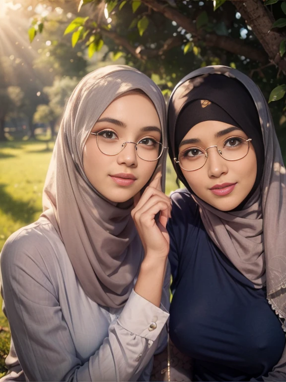 (2women:1.5), two indonesian women, (wearing long hijab closed breast:1.4, long dress with long sleeves, classical glasses), (elegant sitting pose:1.4) on grass field with colourful flowers, beautiful detailed eyes, grey blue eyes, beautiful face, peaceful smiles, voluptuous postures, low angle view, seen from below, (extreme close up), sunlight streaming through the leaves, cool blue tones, cheerful ambient, colorful atmosphere, vibrant colors, natural beauty, youthful energy