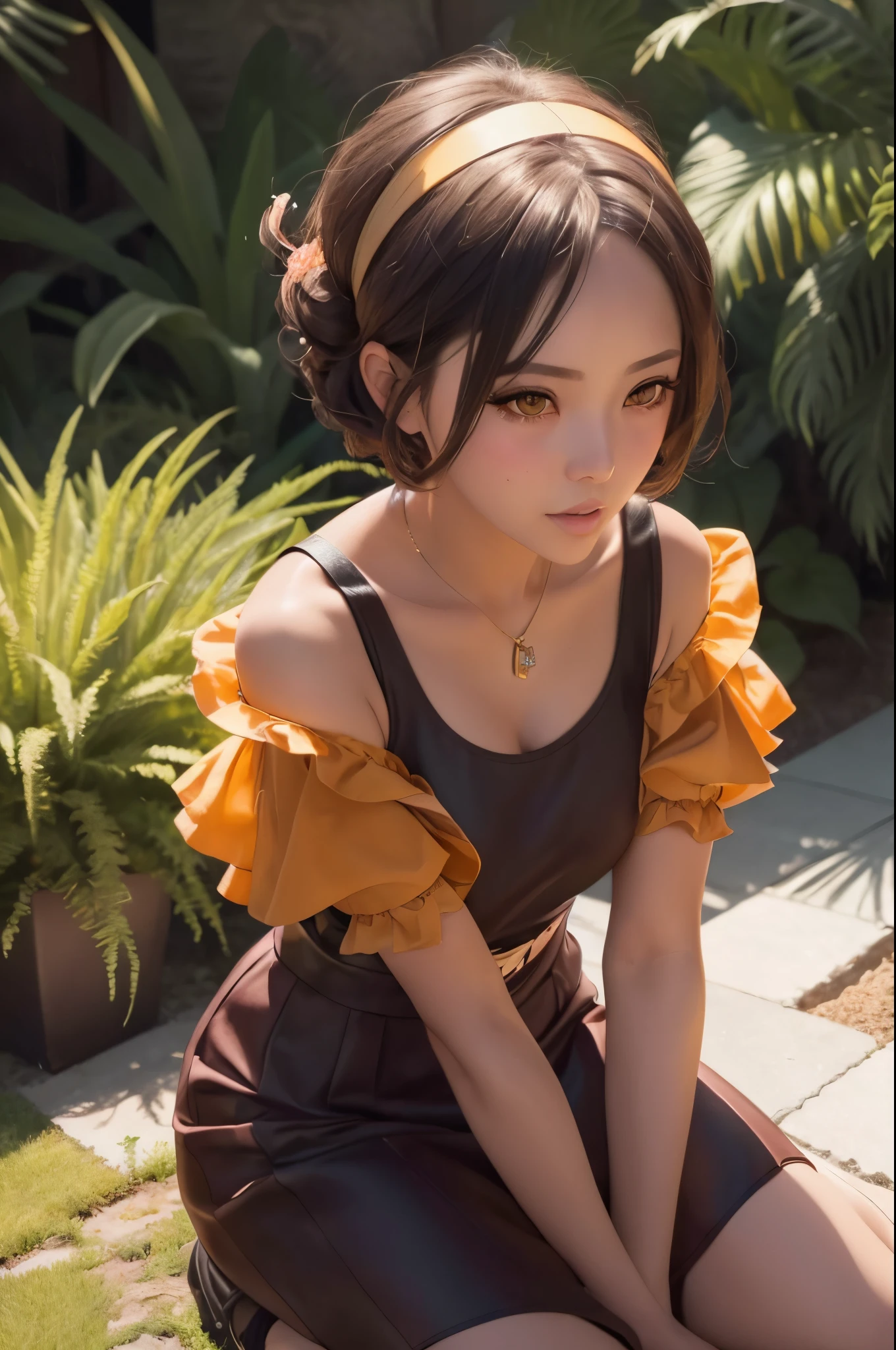 there is a woman sitting on the ground with a brown dress, artwork in the style of guweiz, loli, anime style mixed with fujifilm, ig model | artgerm, in the style artgerm, guweiz, high quality portrait, trending on cgstation, 8k artgerm bokeh, trending at cgstation
