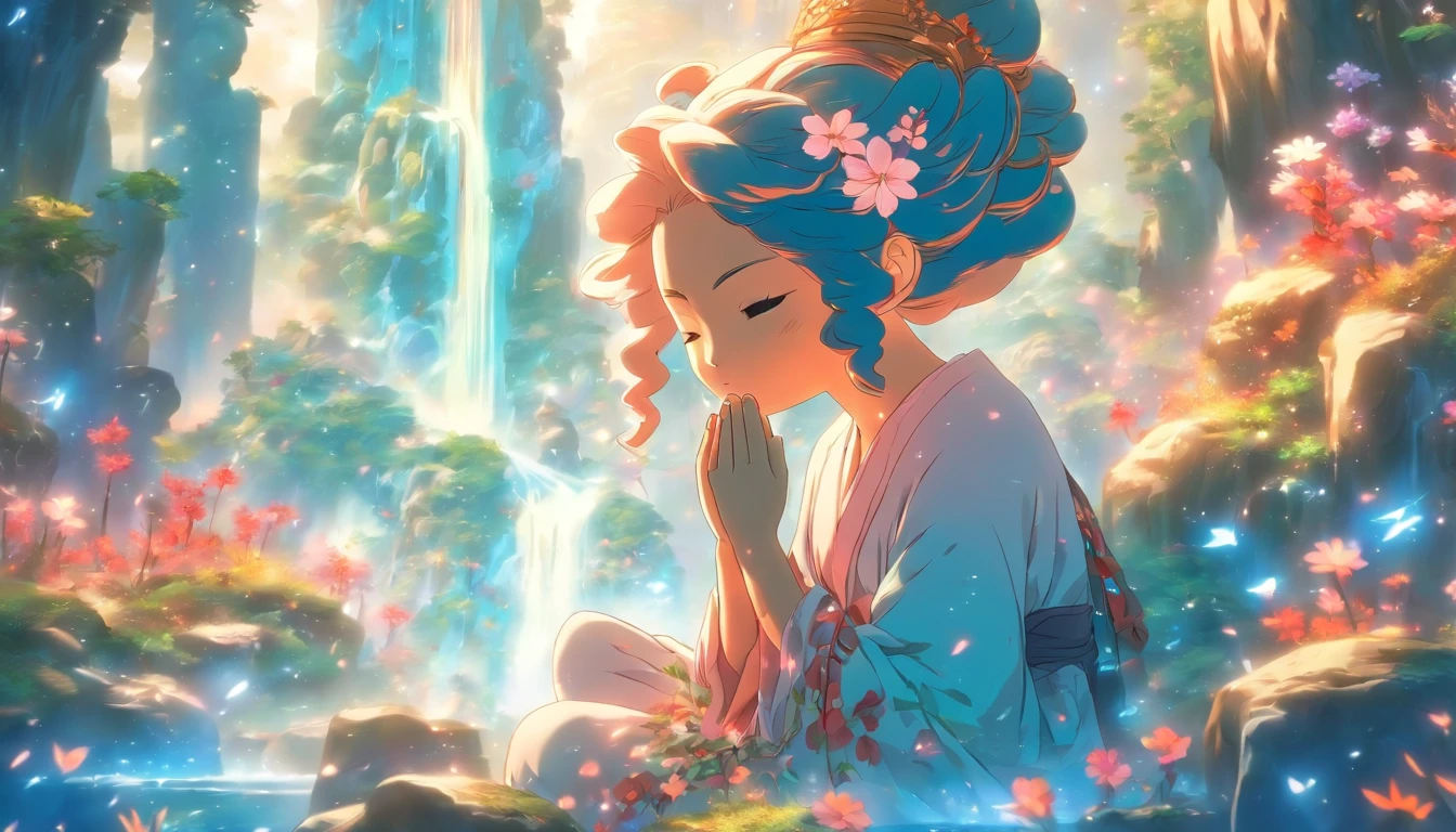 uma garota meditando em uma montanha congelada ao fundo uma estatua antiga com musgo e flores de um rosto esculpido e quebrado imenso