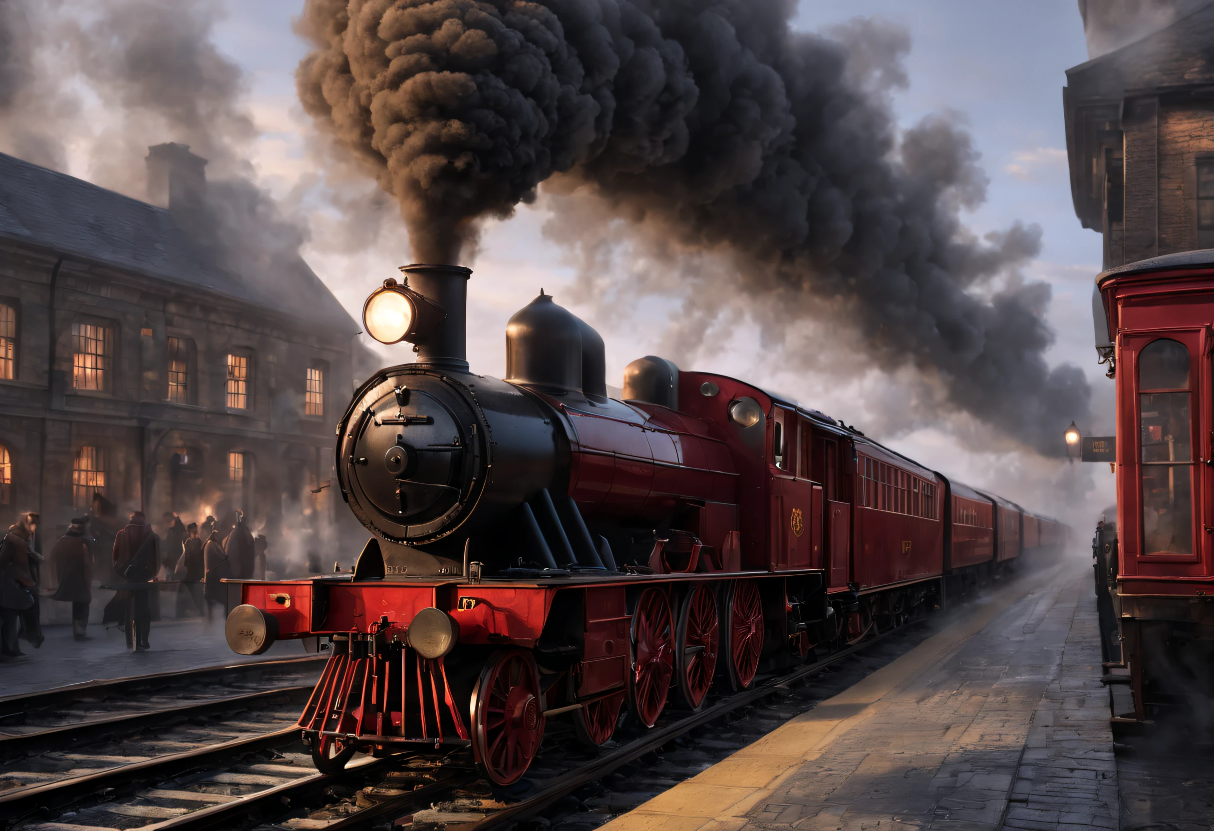 ultra-realistic realism, romanticism lain, scientism，mistic，Thriller，Ray traching, atmosphric perspective, in a panoramic view, wide angles, Sony FE masterpiece,, high detal, high high quality, Award-Awarded, Best quality at best, A high resolution, 8K
（ Hogwarts Express），（Wheels and turning create flames：1.1），It consists of a group of scarlet steam locomotives，Each carriage is made of dark oak，Carved windows，Brass door catch，（There are gilded words on the roof.，spell out &cite;Hogwarts Express&cite;），There is an iron corridor connecting the carriages.，The corridor is covered with the brightest red carpet，Steam locomotive smoke fills the cold morning，It gives a hazy feeling、mystical feeling， when the train comes into the station，Its whistle can cheer people up，Trains have also been described as having a soul of their own，It wakes up sleeping passengers at a specific time，Lead them to their destiny，movie inspiration《Harry Potter》，
Background with：A mysterious and dangerous magical world covered in ice and snow