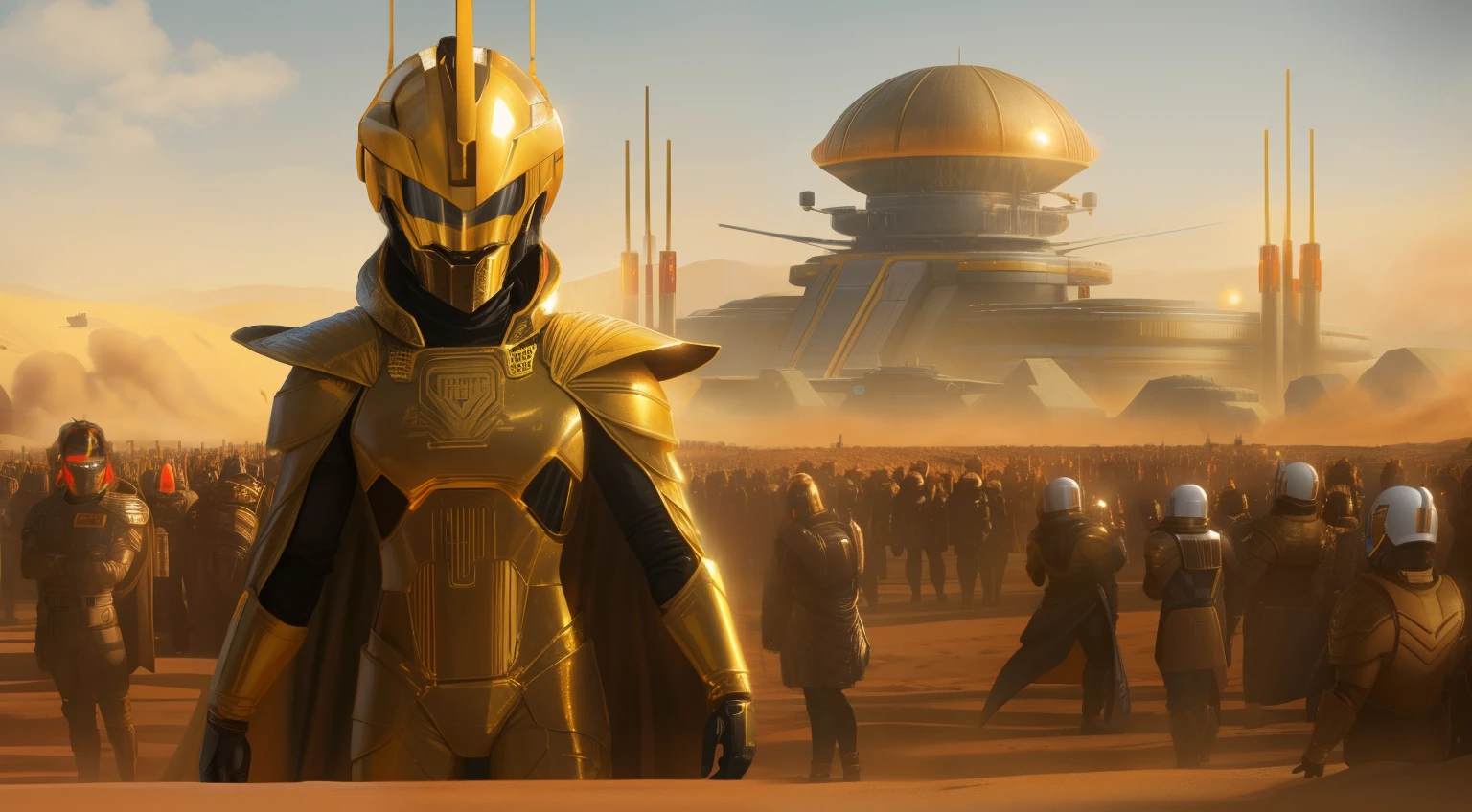 arafed image of a man in a golden sci Fi armor standing in front of a crowd of people, spaceships above the crowd of people, film still from dune 2020, scene from dune 2 0 2 1 movie, film still from movie dune-2021, in the 2 0 2 1 movie dune, in an arena in movie dune-2021, gold sci - fi armour