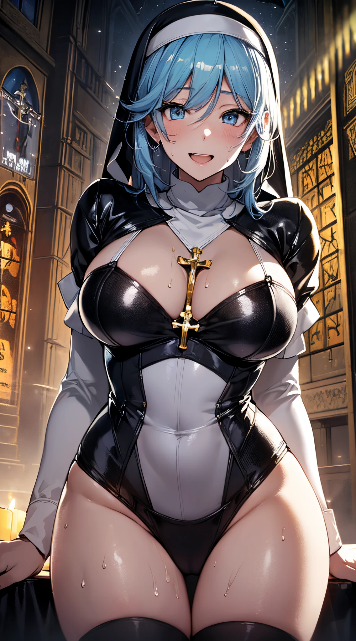 top-quality、supreme１People Girls,hightquality,, ((masuter piece)), ((High resolution)), ((Best Quality)), detail, (cum faced、Excited face.Very happy,), ((Skin shiny with sweat)), (lewd nun uniform:1.2、highleg)、 girl with, lightblue hair, (Straight、Bangs Patsun)、Pray:1.5、fair white skin:1.3、、Colossal tits, cinmatic lighting, perfectly shaded,(((Chapel at night:1.4))), Realistic lighting with shades,