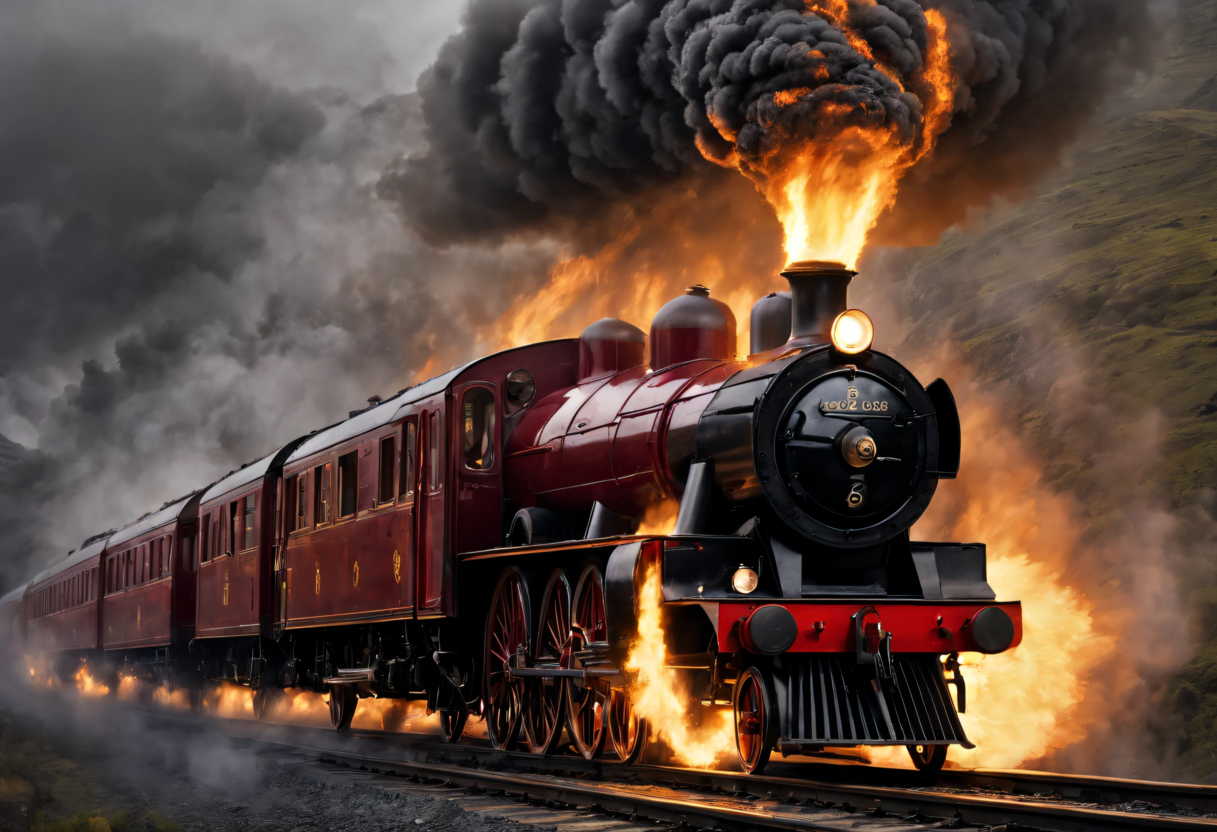 ultra-realistic realism, romanticism lain, scientism，mistic，Thriller，Ray traching, atmosphric perspective, in a panoramic view, wide angles, Sony FE masterpiece,, high detal, high high quality, Award-Awarded, Best quality at best, A high resolution, 8K
（ Hogwarts Express），（Wheels and turning create flames：1.1），It consists of a group of scarlet steam locomotives，Each carriage is made of dark oak，Carved windows，Brass door catch，（There are gilded words on the roof.，spell out &cite;Hogwarts Express&cite;），There is an iron corridor connecting the carriages.，The corridor is covered with the brightest red carpet，Steam locomotive smoke fills the cold morning，It gives a hazy feeling、mystical feeling， when the train comes into the station，Its whistle can cheer people up，Trains have also been described as having a soul of their own，It wakes up sleeping passengers at a specific time，Lead them to their destiny，movie inspiration《Harry Potter》，
Background with：A mysterious and dangerous magical world covered in ice and snow