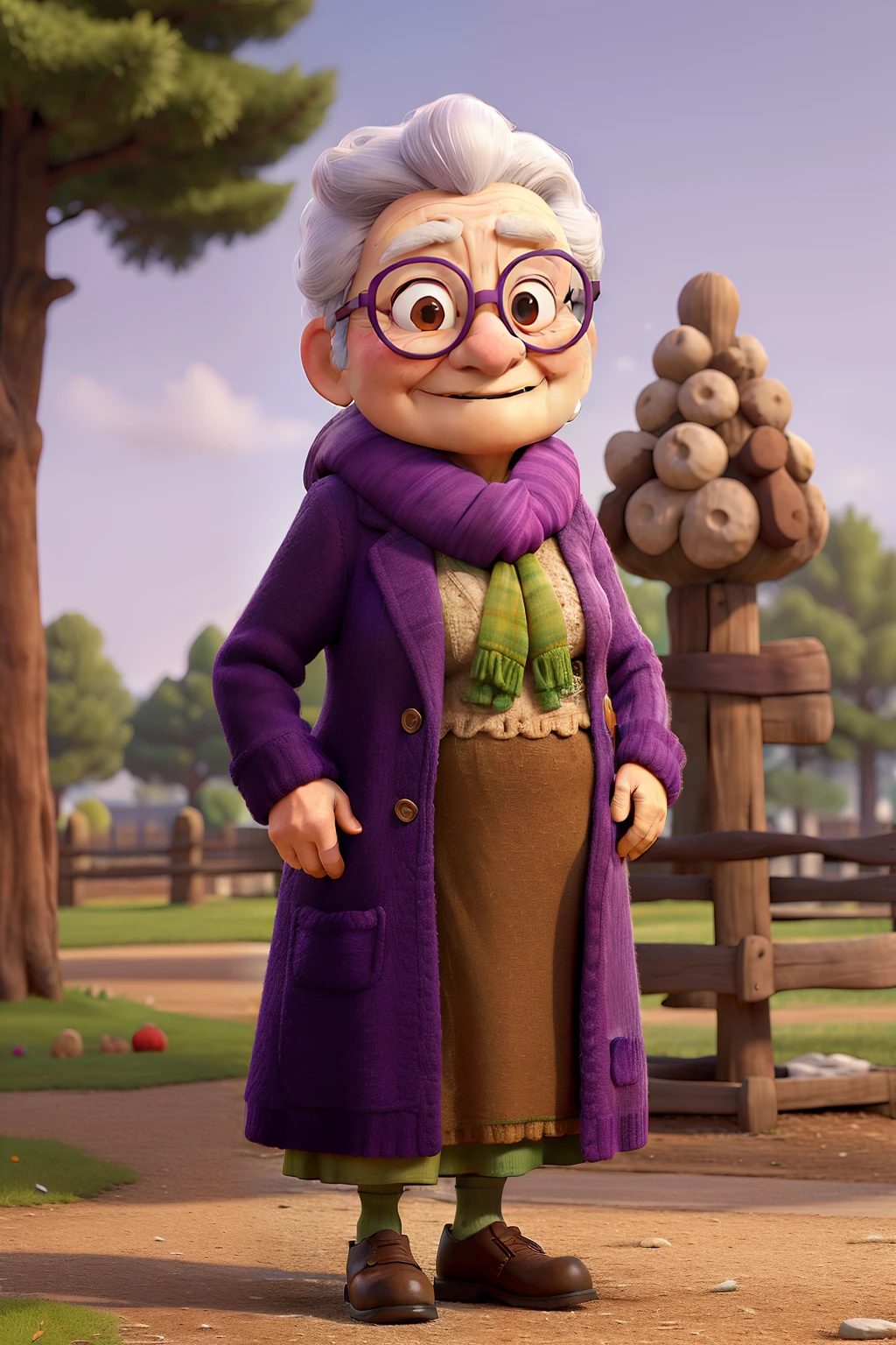 masterpiece, best quality, an old woman with glasses and a scarf on, wearing a purple coat and green scarf, standing at the park