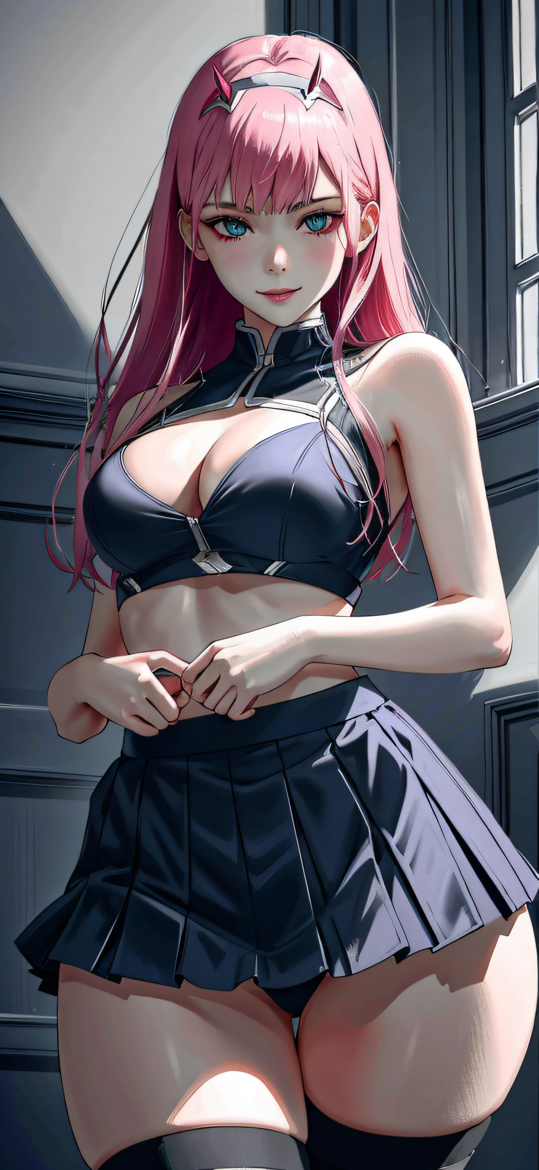 (zero_two_001:1.4), thicc school 1girl wearing thighhighs pleated skirt, skirt pull, skirt lift, revealing panties, short skirt, gorgeous features, clear face, symmetrical face, beautiful face, rendered eyes, detailed eyes, beautiful hair, smile, long legs, [thick|slender] bare thighs, thigh gap, natural breasts, symmetrical breasts, perfect breasts, anatomy, athletic, fit, in shape, exotic, alluring, mature, masterpiece portrait, extreme detail, (character focus:1.4), highly detailed, 8k octane, HDR, ultra detailed, best quality, highest quality, realistic lighting, hyperdetailed