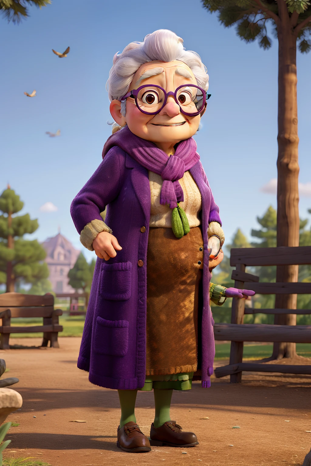 masterpiece, best quality, an old woman with glasses and a scarf on, wearing a purple coat and green scarf, standing at the park