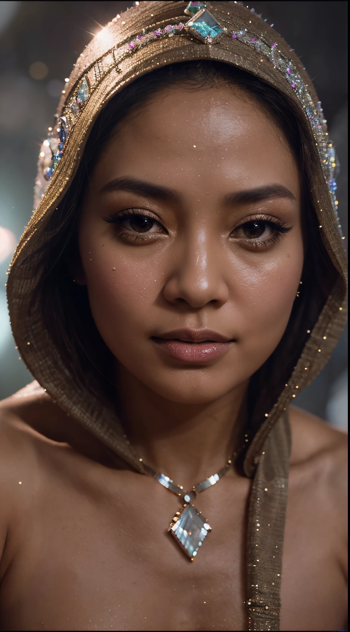 Capture the Malay girl with hijab in a vast cavern filled with towering, sparkling crystals. The radiant crystals reflect the light, casting a surreal and enchanting glow. style raw, pastel color grading, Super 8mm lense, Extreme close-up, Deep Focus cinematography effect