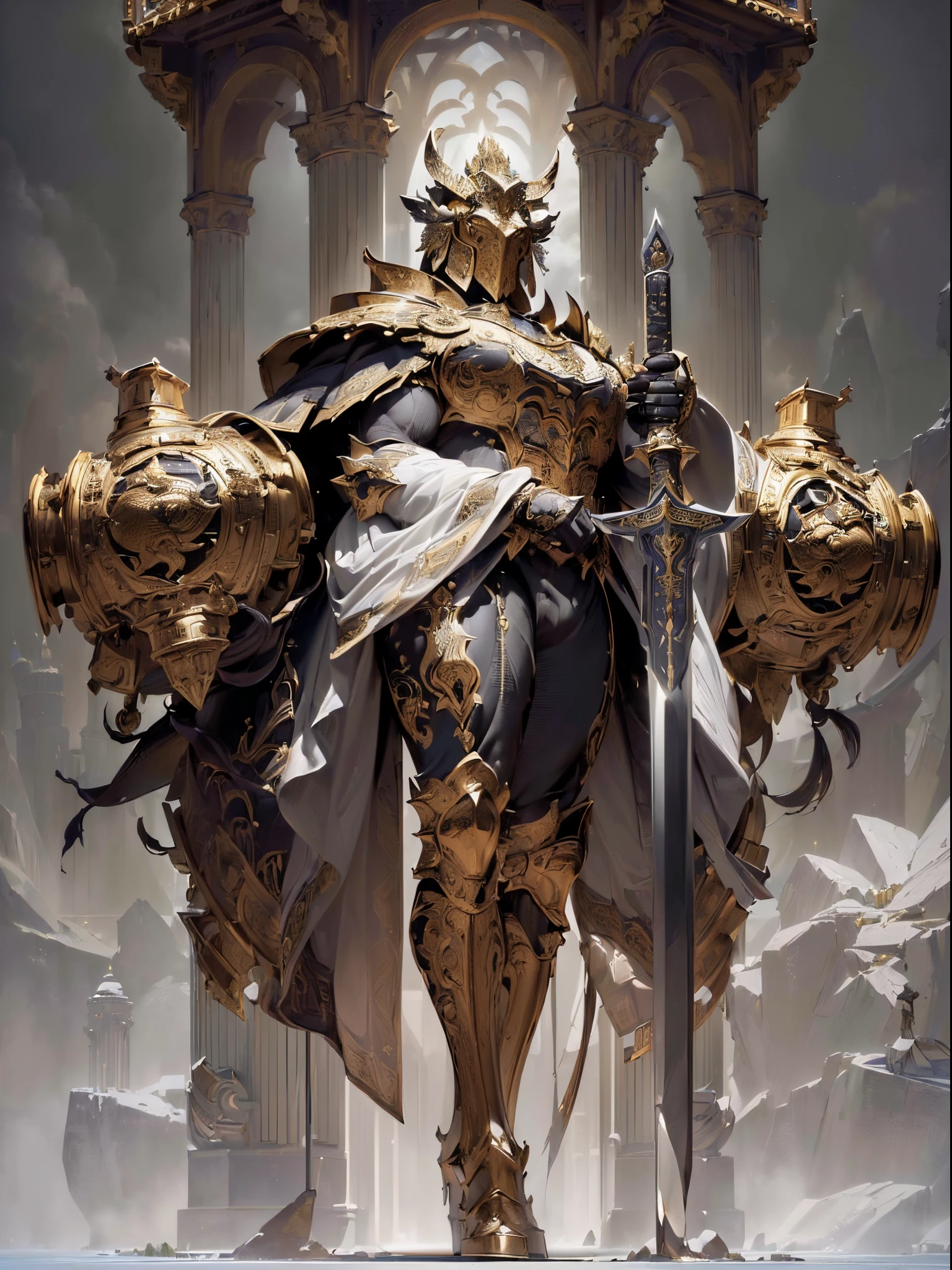 ((Best quality at best, 8K, tmasterpiece: 1.4)),((Stunningly detailed: 1.3)),((A high resolution: 1.2)),((The structure is correct1.1)),Gigantic body,Huge and thick armor,towering beast-shaped helmet,wearing face mask,Intricate ornate armor patterns,Holding a huge sword,midynight,lightand shade contrast,Non-human,fully body photo