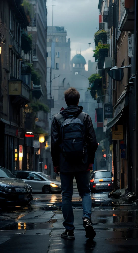 Arafed man walking down a wet city street in the rain - SeaArt AI