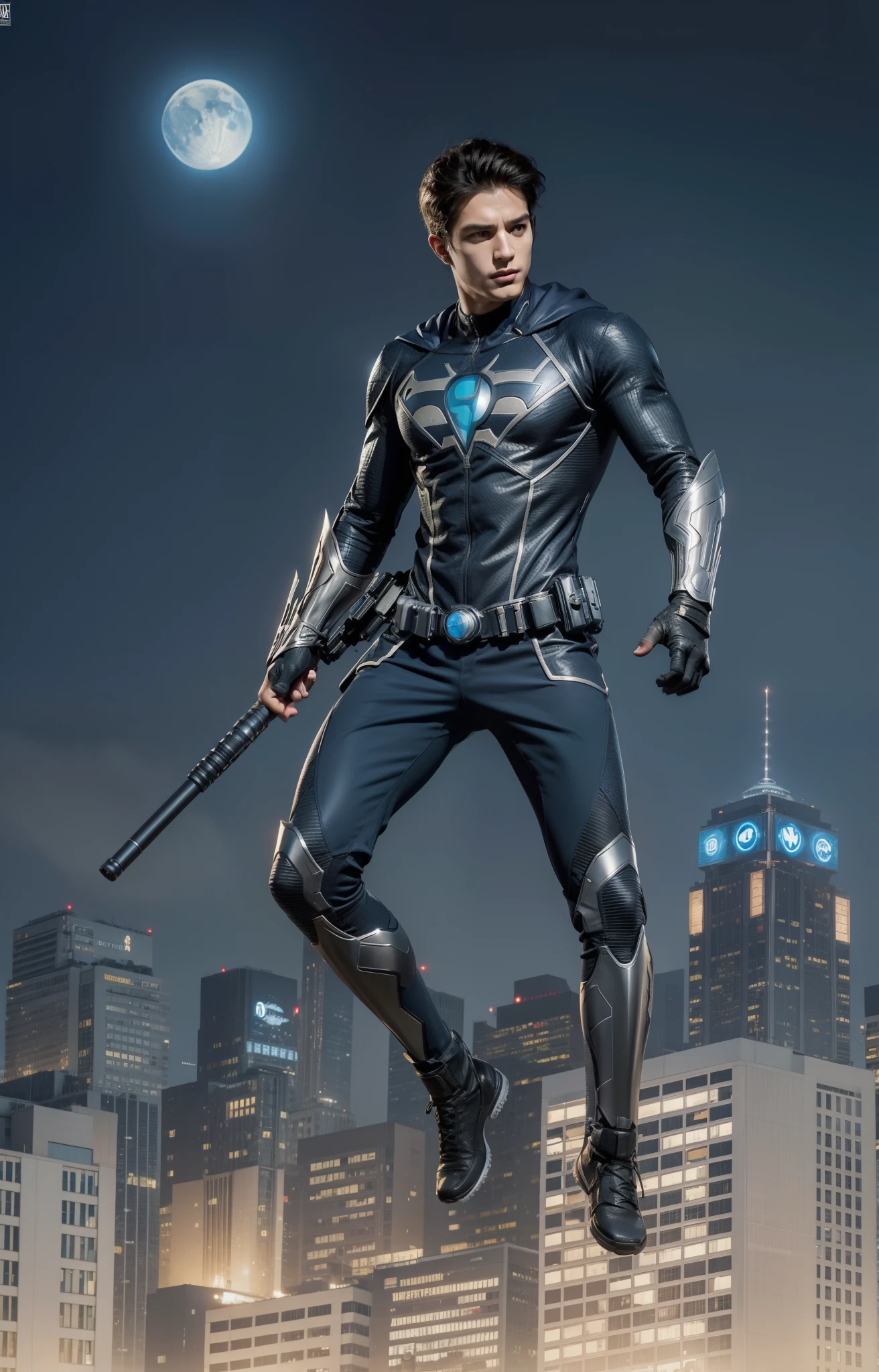 Real life adaption of this character,his is super hero realistic photograph future stic costume costume like Robin dc comics 8k ultra realistic