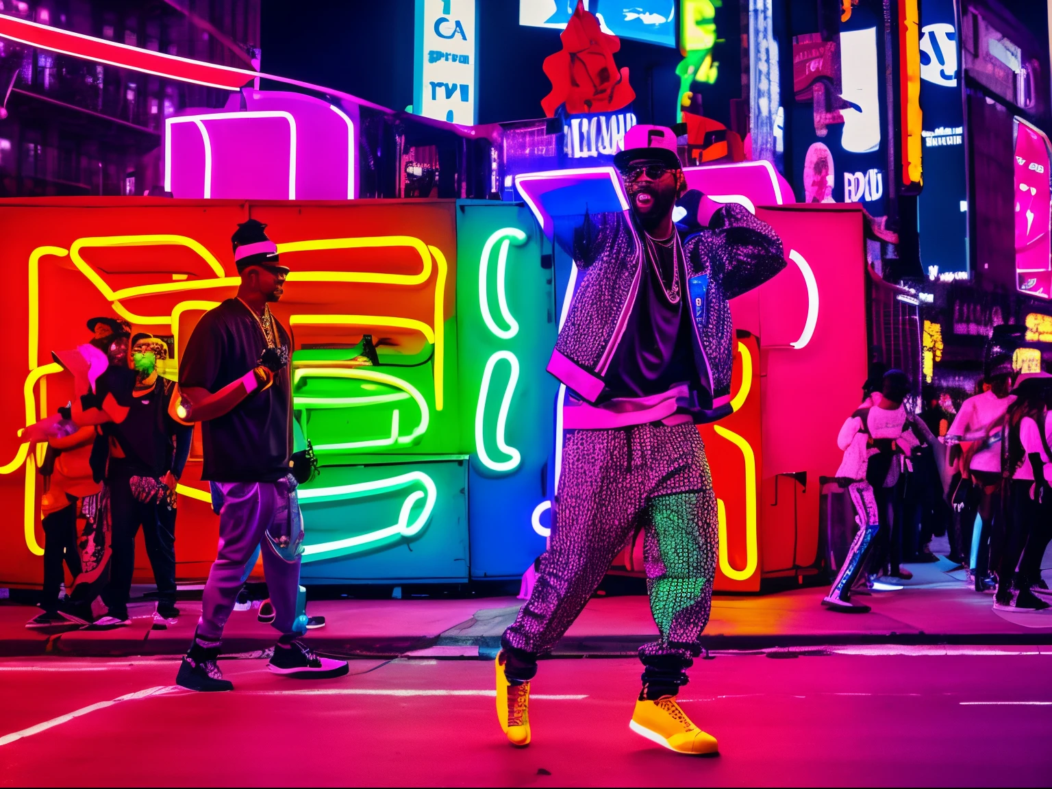 A photorealistic image of A very stylish hip-hop singer, dancing an singing, in the crowded streets of New York, neon colors, hip-hop culture, street festival, Calculus Contours