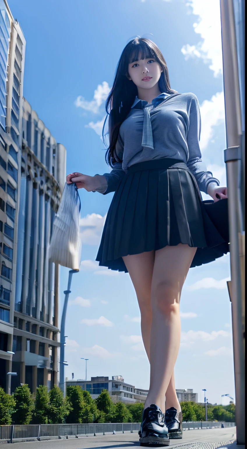 1girl, black_hair, blue_skirt, large breasts, building, city, day, giant, giantess, long_hair, looking_at_viewer, outdoors, panties, pleated_skirt, school_uniform, shoes, skirt, sky, skyscraper, solo, underwear