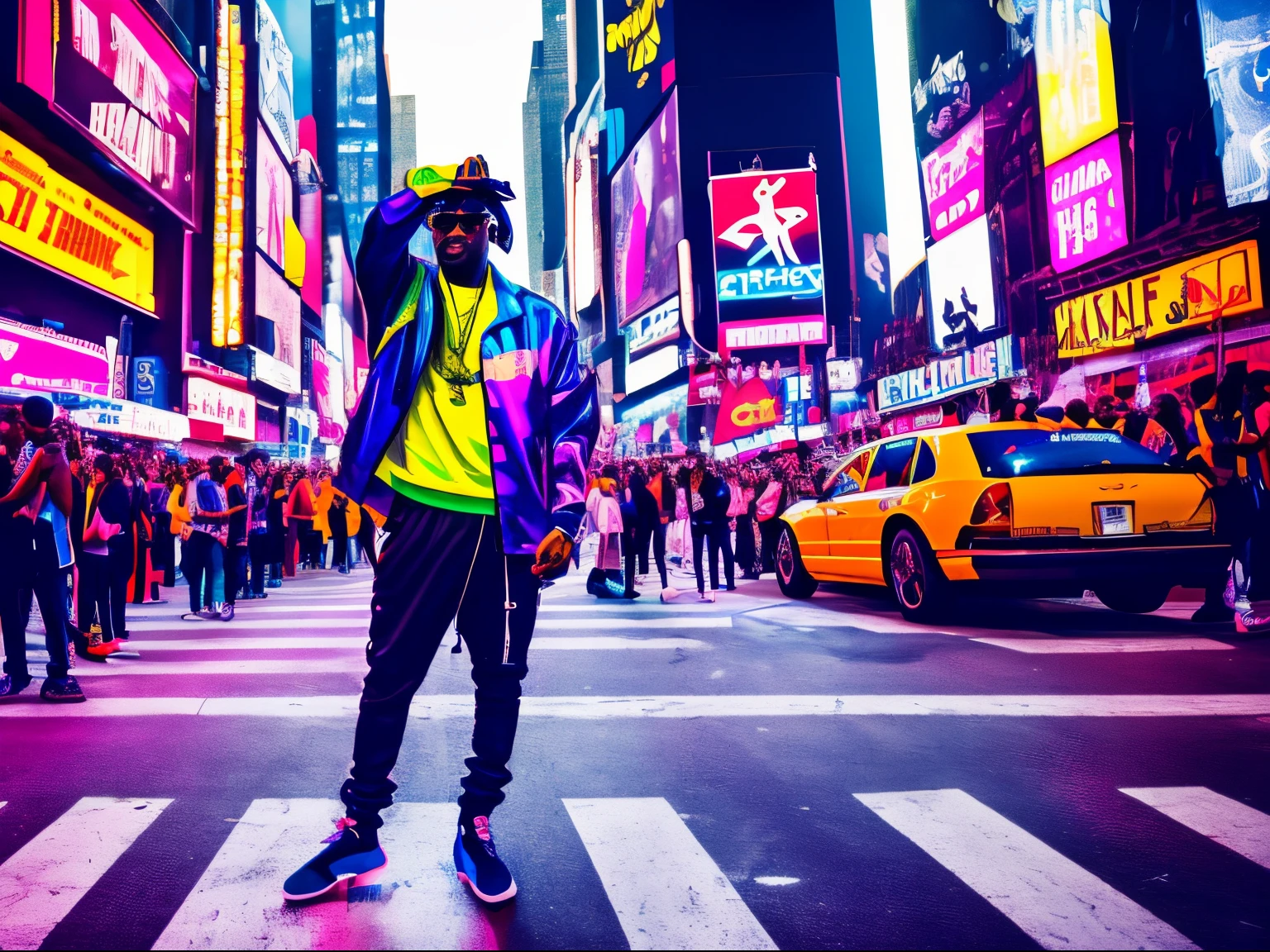 A photorealistic image of A very stylish hip-hop singer, dancing an singing, in the crowded streets of New York, neon colors, hip-hop culture, street festival, Calculus Contours