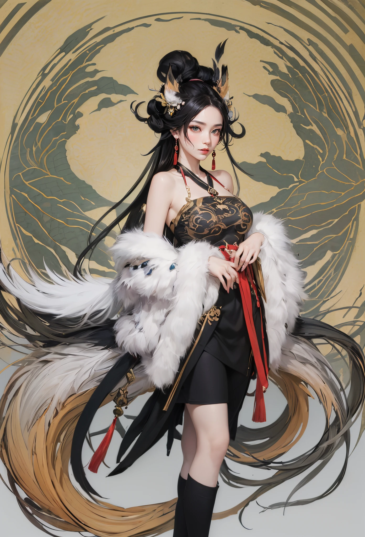 Step into the realm of traditional Chinese art with this prompt showcasing a traditional Chinese ink painting depicting the latest fashion ensemble for the League of Legends character Ahri. The artist's brushstrokes bring to life a blend of Chinese elegance and the mystical elements of a nine-tailed fox. Ahri stands gracefully in a resplendent form-fitting top adorned with intricate patterns, accentuated by wide billowing sleeves that exude elegance. A plush fur collar adds warmth and sophistication, while sleek leggings accentuate her slender figure. The centerpiece of the outfit is a short skirt formed by nine fox tails, symbolizing Ahri's enchanting nature. Ahri strikes a pose against a solid-colored background, her presence commanding attention as her striking beauty and cultural fusion captivate viewers. This traditional Chinese ink painting celebrates the timeless allure of Chinese aesthetics and the allure of Ahri's newest attire. Created by renowned traditional Chinese ink painter Zhang Daqian，((Best quality)), ((Masterpiece)), ((Realistic))，axial symmetry，??????? correct，