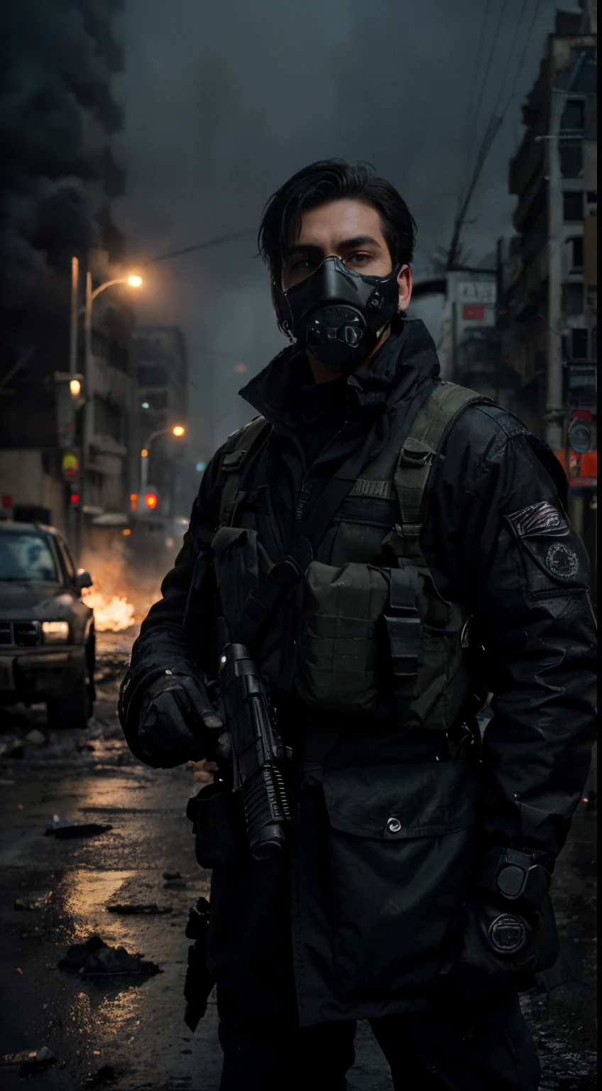 1 boy, perfect male body, eyes looking at the camera, (black hair, wearing tactical gear, holding RPG in hand, cold face, tall body, detailed face, detailed eyes, gas mask), collapsed city, tank , smoke and fog, collapsed buildings, damaged roads, realistic