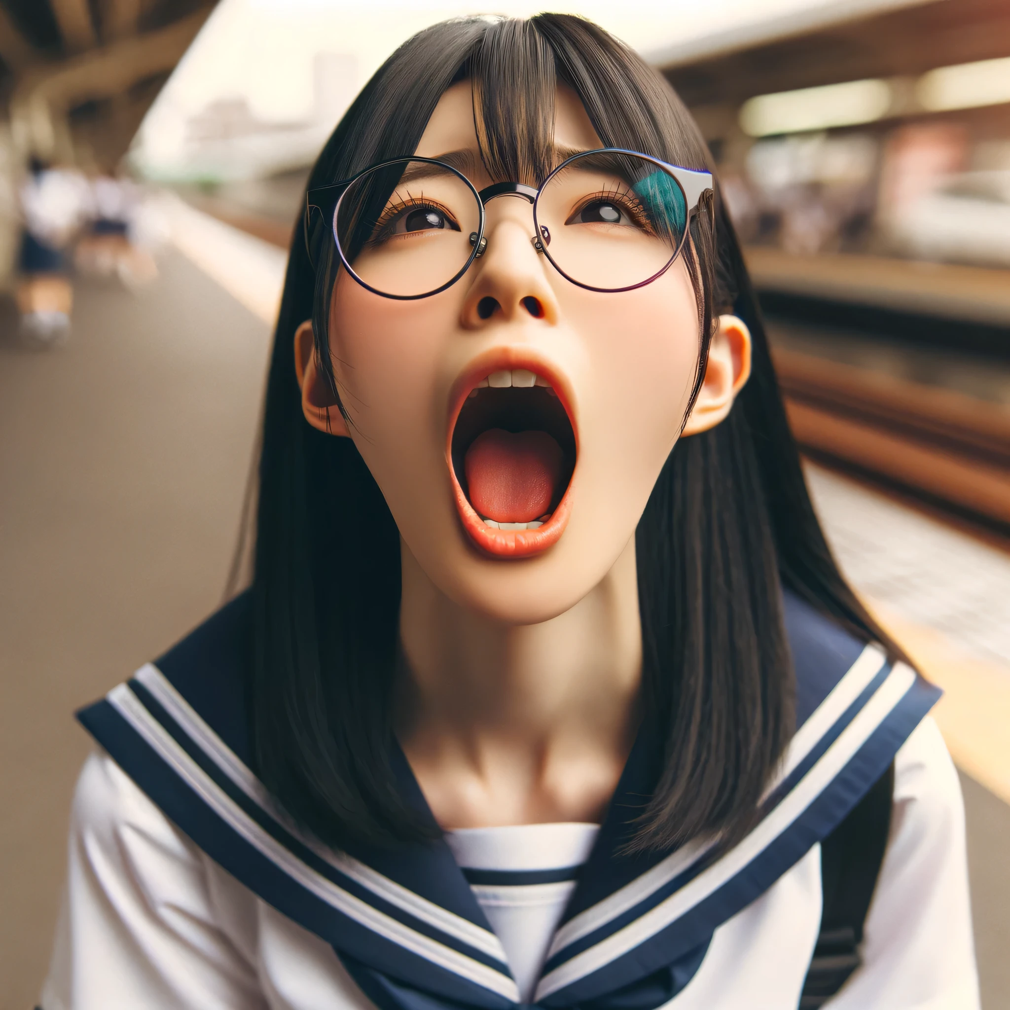 There is a young woman wearing glasses and a sailor suit., real life anime girl, photorealistic anime, Hyper realistic anime, a hyperrealistic schoolgirl, exciting expression, a hyperrealistic schoolgirl, beautiful anime high school girl, 3 d anime realistic, realistic anime 3 d style, portrait of a japanese teen, realistic young anime girl, Anime girl cosplay, perfect expression, Make the inside of your mouth bright and clear