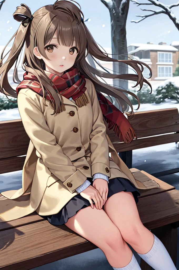 girl, solo, masterpiece, best quality, 8k, high resolution, sit,Minami Kotori、Brown hair、(Brown Eye Degree:1.5)、One side up、 PERFECT FACE, PERFECT LIPS,Hair Ribbon、bow ribbon、long、rown coat, scarf, kneehighs, blank eyes, inexpressive face, park, waiting, bench, snow, snowing, tree, nature,