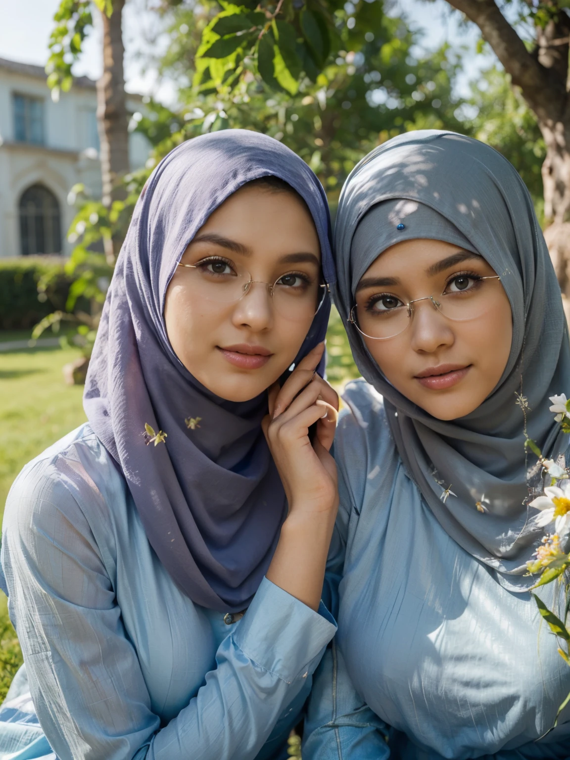 (2women:1.5), two indonesian women, (wearing long hijab closed breast:1.4, long dress with long sleeves, classical glasses), (elegant sitting pose:1.4) on grass field with colourful flowers, beautiful detailed eyes, grey blue eyes, beautiful face, peaceful smiles, voluptuous postures, low angle view, seen from below, (extreme close up), sunlight streaming through the leaves, cool blue tones, cheerful ambient, colorful atmosphere, vibrant colors, natural beauty, youthful energy