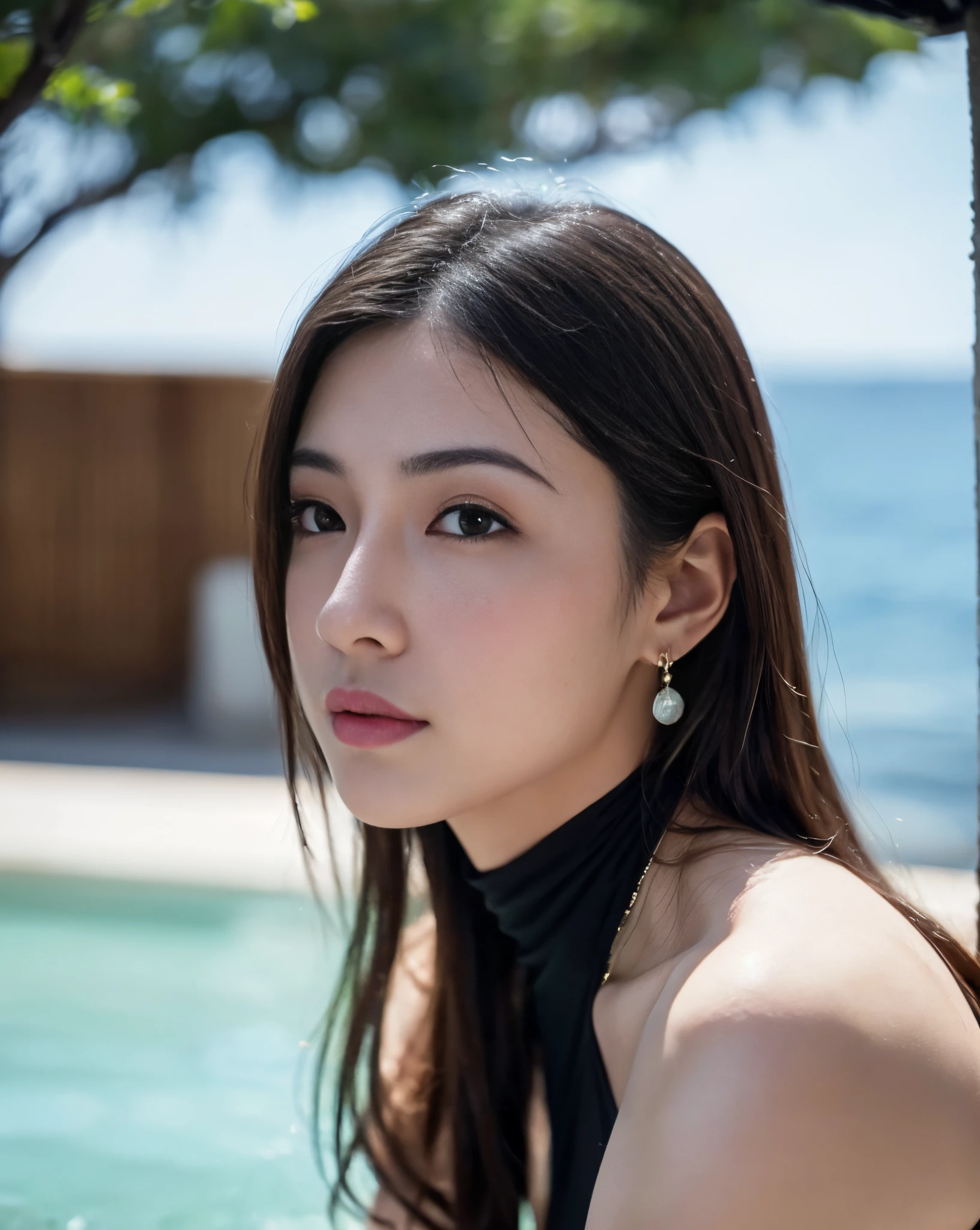 (top-quality,8K,​masterpiece),Japan model posing in trouble,Bewitching beauty,Colossal tits,Inviting look,(A detailed eye,Detailed lips,Detailed nose),Precision necklace,gyuru,Jewel Earrings,Painted on the waist,Cinematic,a wet body,wetting hair,Turtleneck Swimsuit,