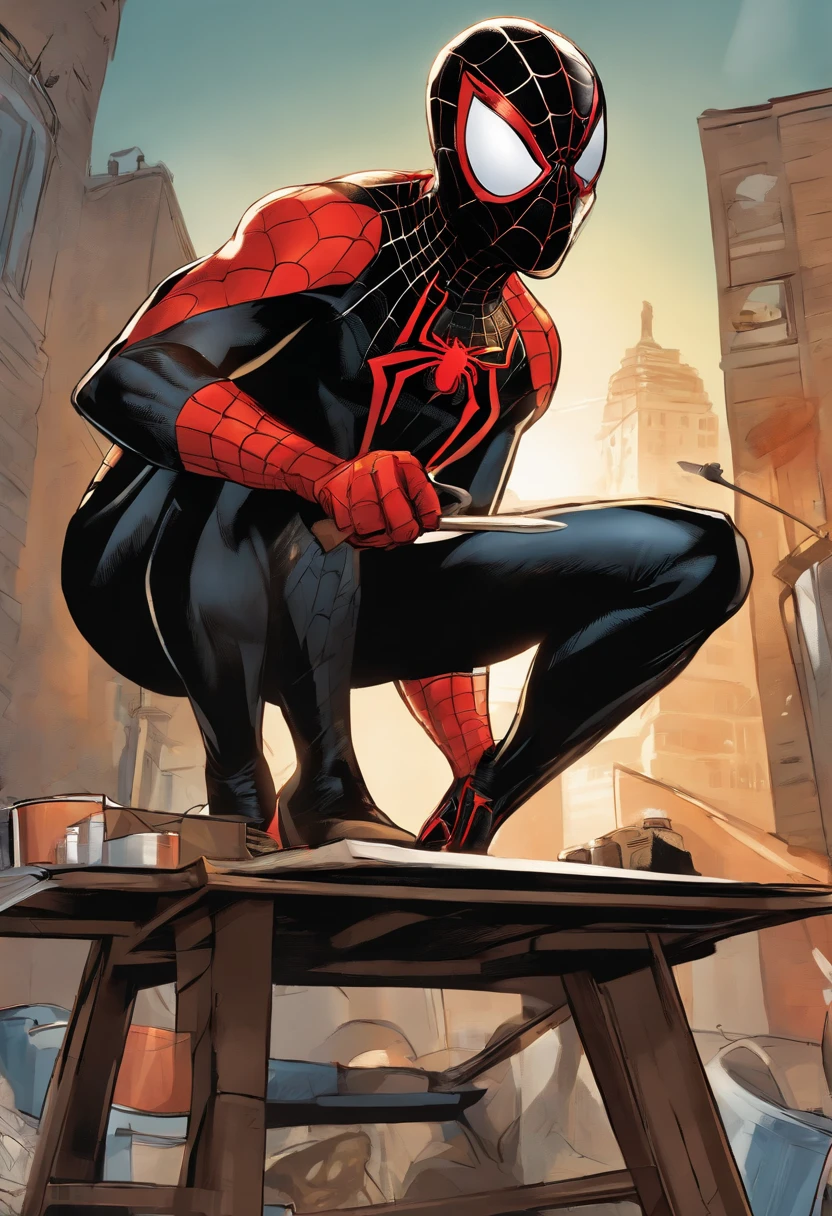 An image of Miles mixing paint on a palette, with a canvas on an easel in front of him.,Marvel Comics,Miles Morales, the dynamic character from the “Spider-Man” universe, is a young, black athletic ager with a lean build, often seen in his distinctive black Spider-Man suit with red webbing and unique graffiti-style designs. He has a youthful, energetic face, often expressing a wide range of emotions from awe to determination, reflective of his age and the enormity of his responsibilities.