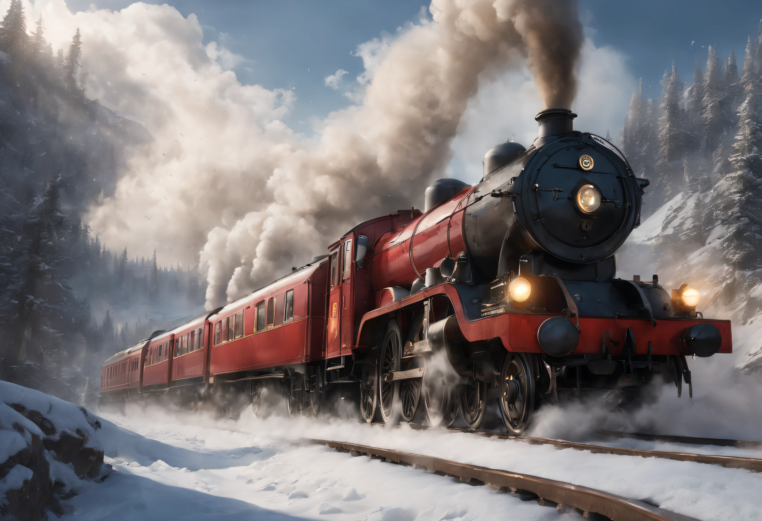 ultra-realistic realism, romanticism lain, scientism，mistic，Thriller，Ray traching, atmosphric perspective, in a panoramic view, wide angles, Sony FE masterpiece,, high detal, high high quality, Award-Awarded, Best quality at best, A high resolution, 8K ，
（ Hogwarts Express），（Wheels and rails spark fires：0.8），It consists of a group of scarlet steam locomotives，Each carriage is made of dark oak，Carved windows，Brass door catch，（There are gilded words on the roof.，spell out &cite;Hogwarts Express&cite;），There is an iron corridor connecting the carriages.，The corridor is covered with the brightest red carpet，Steam locomotive smoke fills the cold morning，It gives a hazy feeling、mystical feeling， when the train comes into the station，Its whistle can cheer people up，Trains have also been described as having a soul of their own，It wakes up sleeping passengers at a specific time，Lead them to their destiny，movie inspiration《Harry Potter》，
 Background with：A dark and mysterious magical world covered in ice and snow