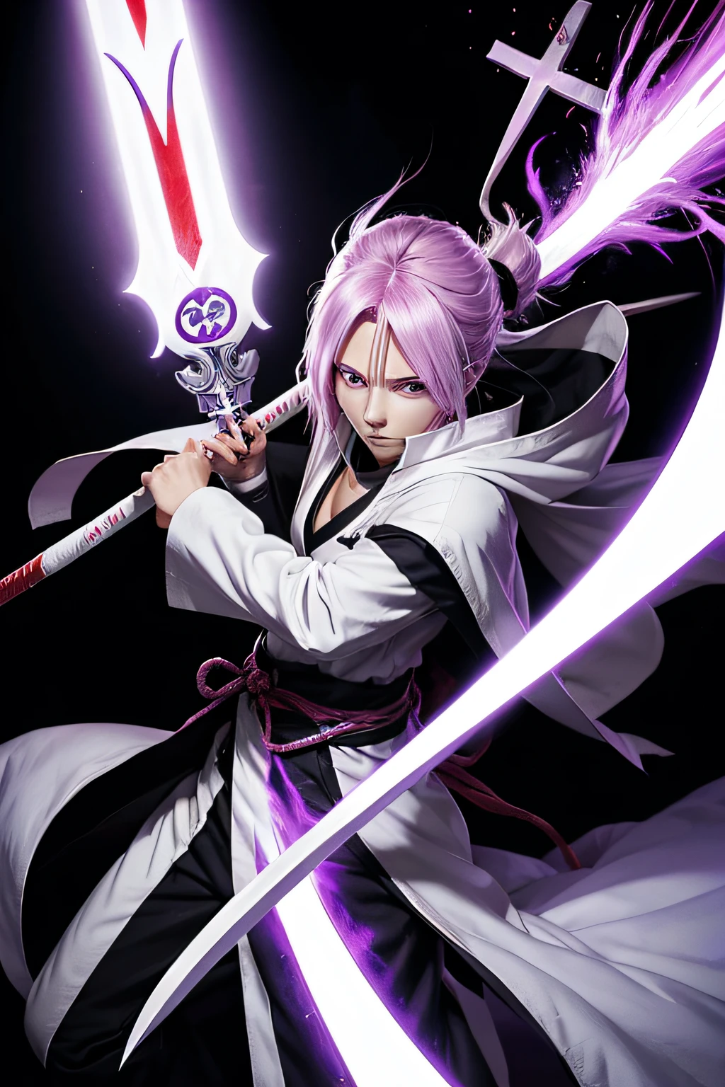 Personagem de anime Bleach,2D, ULtra HD, Shinigami (BLEACH), white and purple clothes using a red energy spear with a cross on both ends