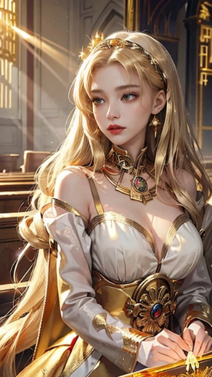Official art, Unity 8k壁纸, super detailed, Beautiful, Beautiful, masutepiece, Best Quality,
Deities々Atmosphere, mystery, romanticism,literary, Art Book, Fashion, Victorian, decoration, Complexity, Goldsmith, With golden lace, contemplation, emotional depth, Supernatural,,Magic Surround,(((A golden light surrounds her:1.5))),
Woman with straight long hair and red lipstick,Jeanne, 16 year woman,a blond、perfect beautiful body、Perfect beautiful face、Old church、Golden dress、