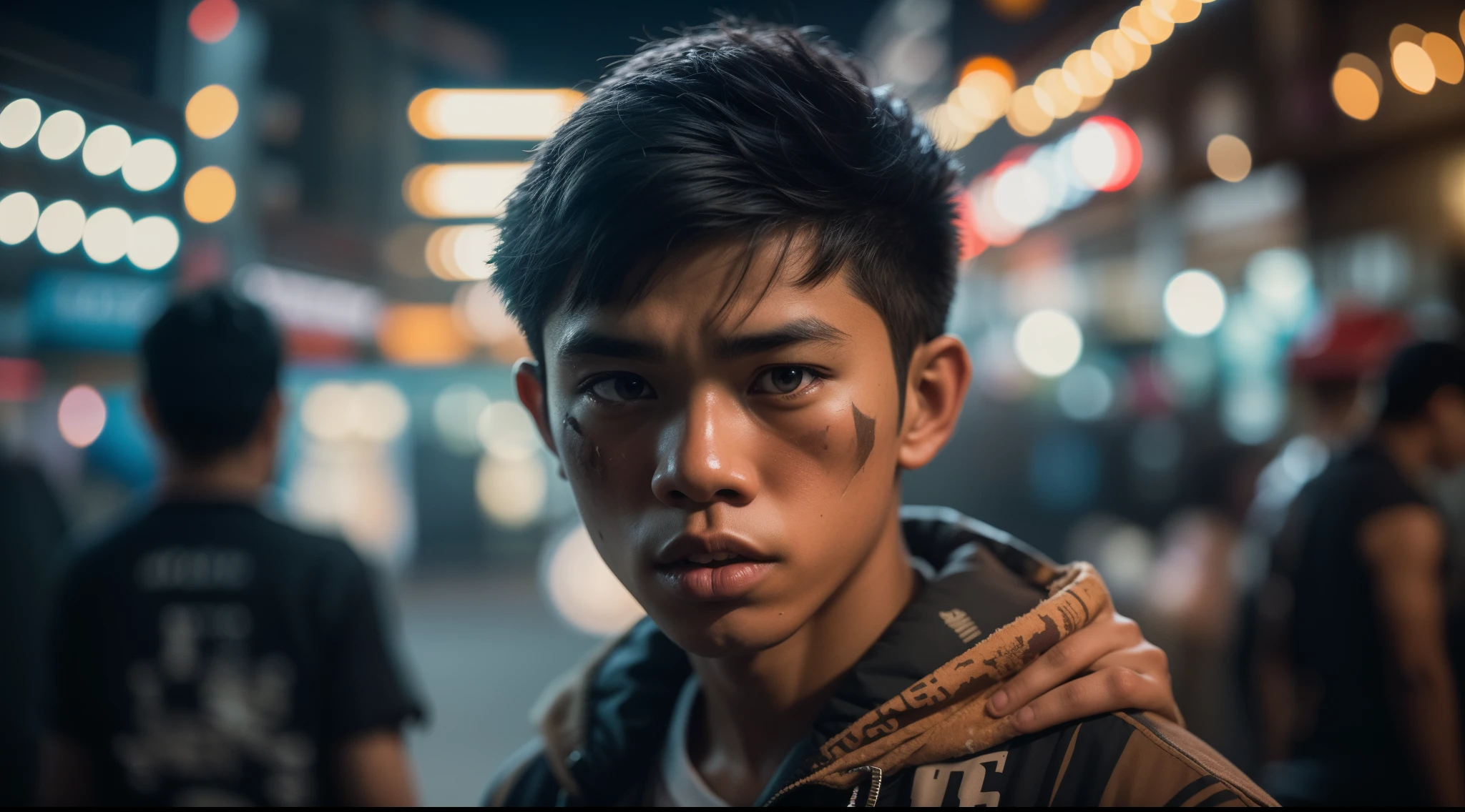 a malay teenage boy in worn and torn outfit standing and smoking in front of bustling night market, serious face, nighttime, 35mm lense, Top-Down Shot, Deep Focus cinematography effect, Natural Lighting, cool-toned color grading, high quality, ultra detail, 8k resolution,