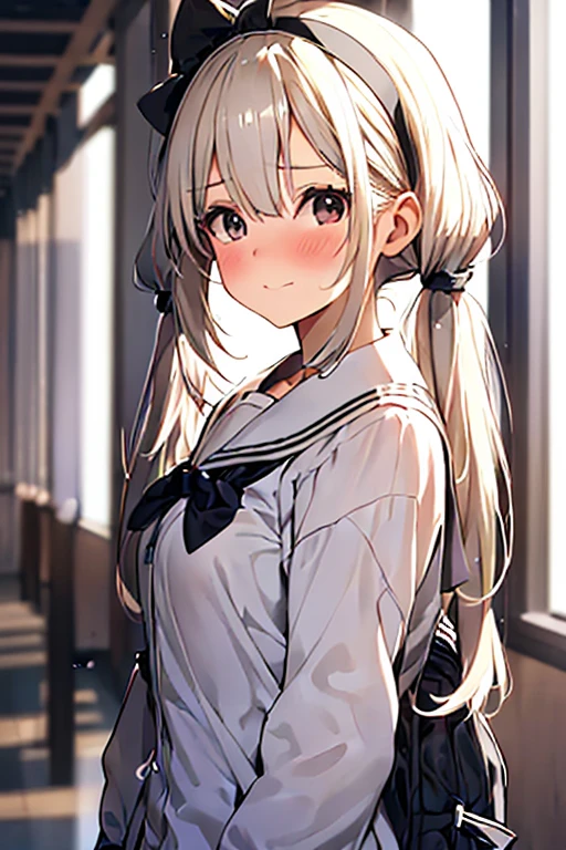 girl, ((loli)), kawaii, medium hair, twintails, ((white hairband)), light blush, black eyes, (small breasts), shy, blonde hair, (school uniform), looking back, light smile, full bodyesbian