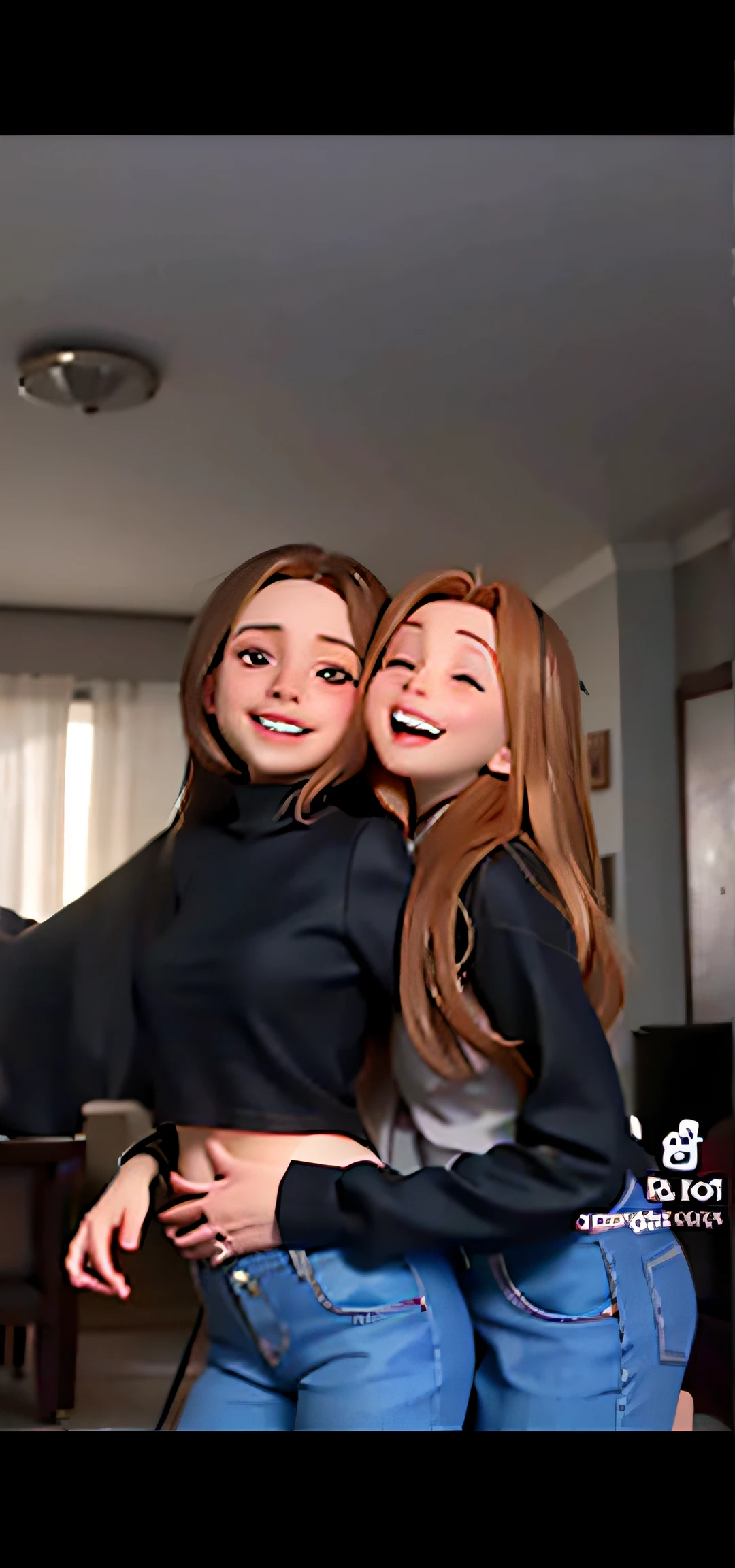 two women are hugging each other in a living room, annoying sister vibes, tiktok video, two girls, sisters, childhood friend vibes, one Strawberry blonde and one brunette, roomies, both smiling for the camera, older sister vibes, old footage, dancing in the background, low quality video, cute girls, with a twin, conjoined twins, leaked footage