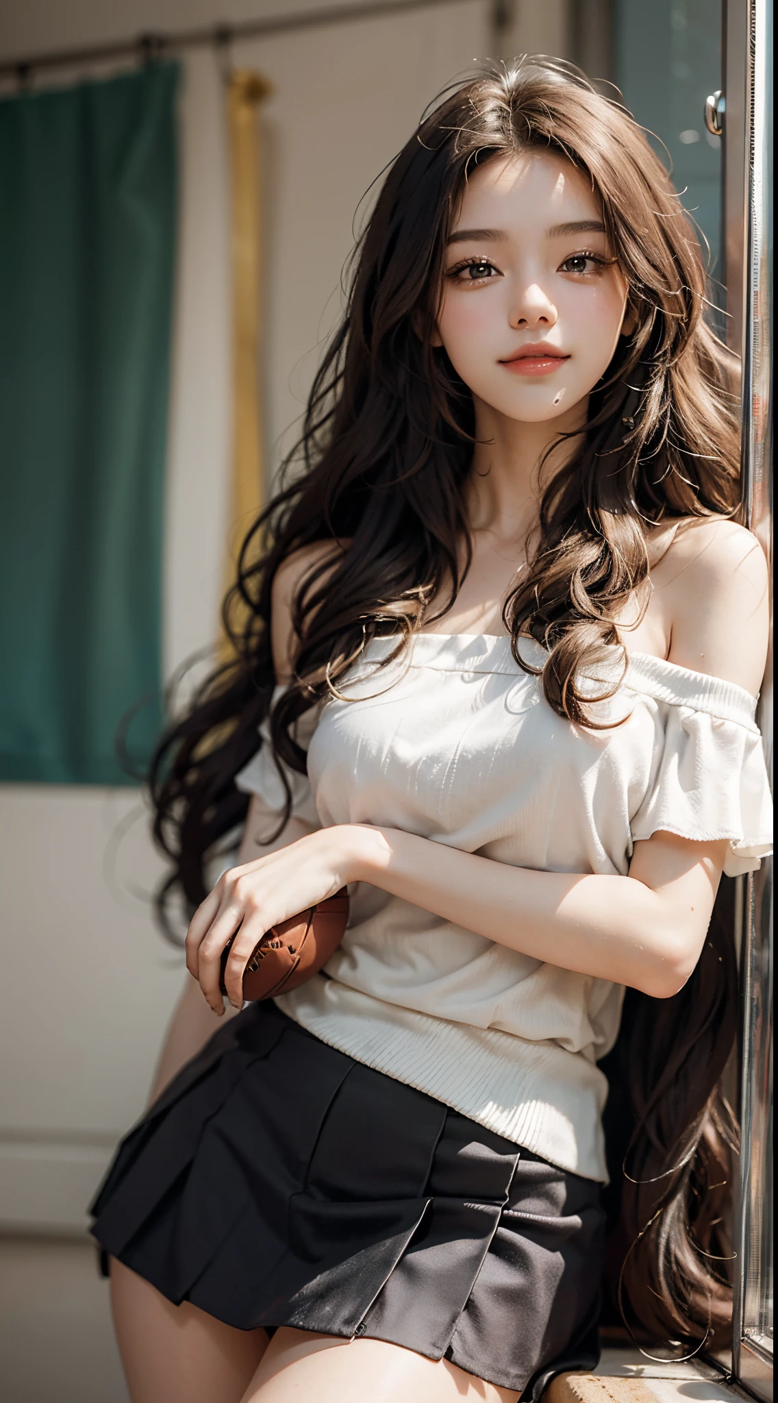 best qualtiy，tmasterpiece，超高分辨率，（fidelity：1.4），RAW photogr，20-year-old sexy model, Long messy hair，Smiled shyly, curlies, golden hair, Campus style, off shoulder one shoulder shirt, short  skirt, On the football field, posing elegantly, posed for photo, Random shooting angle, Surprising detail，The is very detailed, Smooth skin, a warm color palette