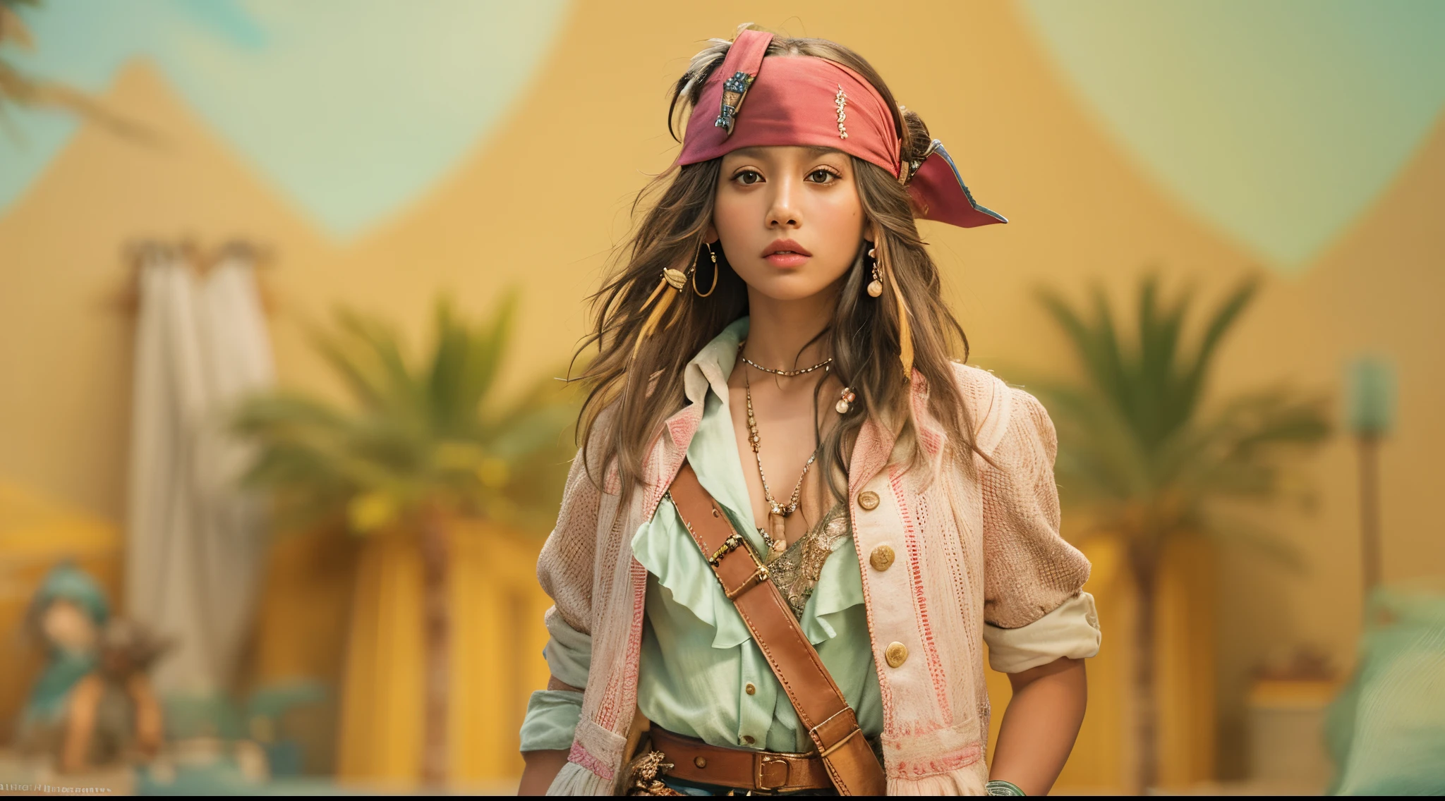 Vogue style photo shoot of malay age girl as character CAPTAIN JACK SPARROW from the movie pirates of the caribbean with pastel colored background in Wes Anderson style, hyper - realistic photography, Wes Anderson style, full body, 8k, close - up shot, extreme close - up photo