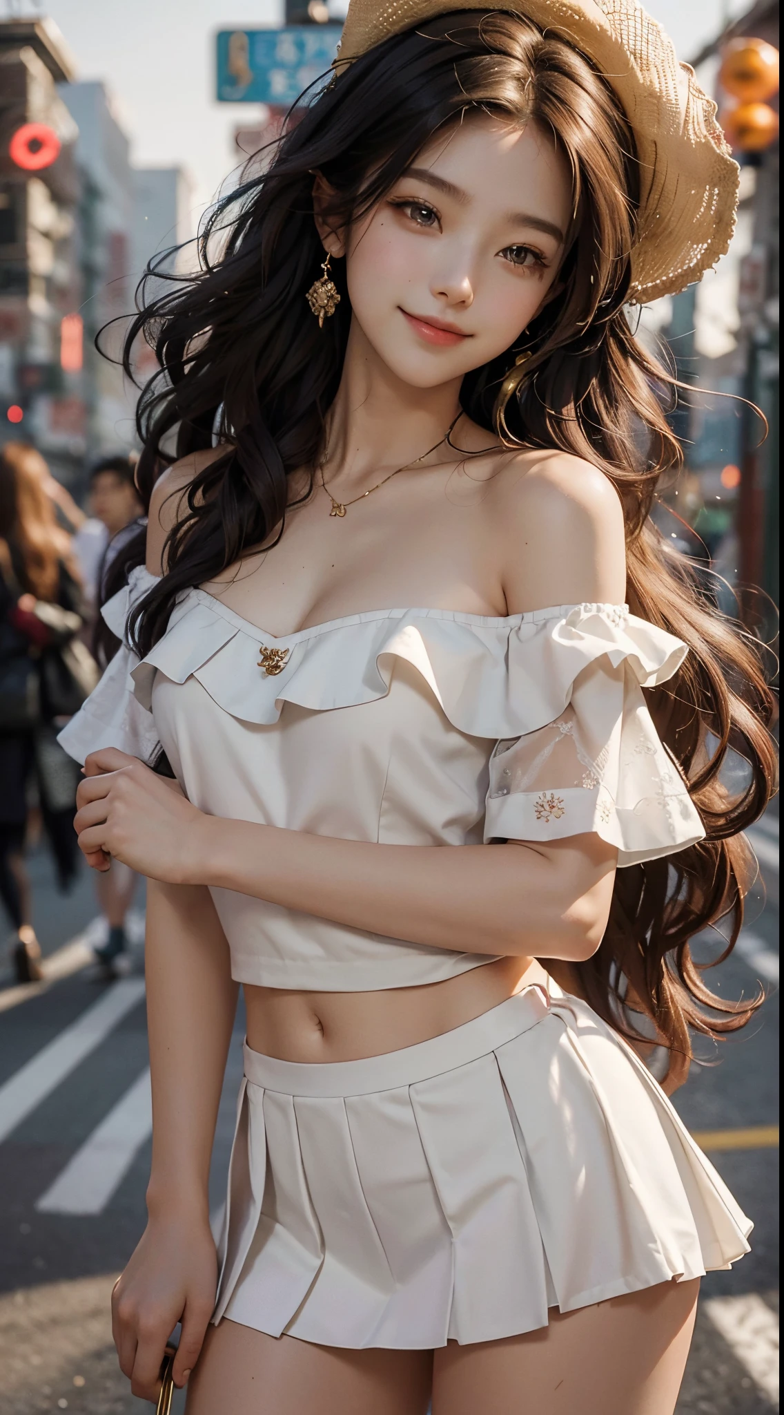 best qualtiy，tmasterpiece，超高分辨率，（fidelity：1.4），RAW photogr，20-year-old sexy model, Long messy hair，Smiled shyly, curlies, golden hair, Campus style, off shoulder one shoulder shirt, short  skirt, On the football field, posing elegantly, posed for photo, Random shooting angle, Surprising detail，The is very detailed, Smooth skin, a warm color palette