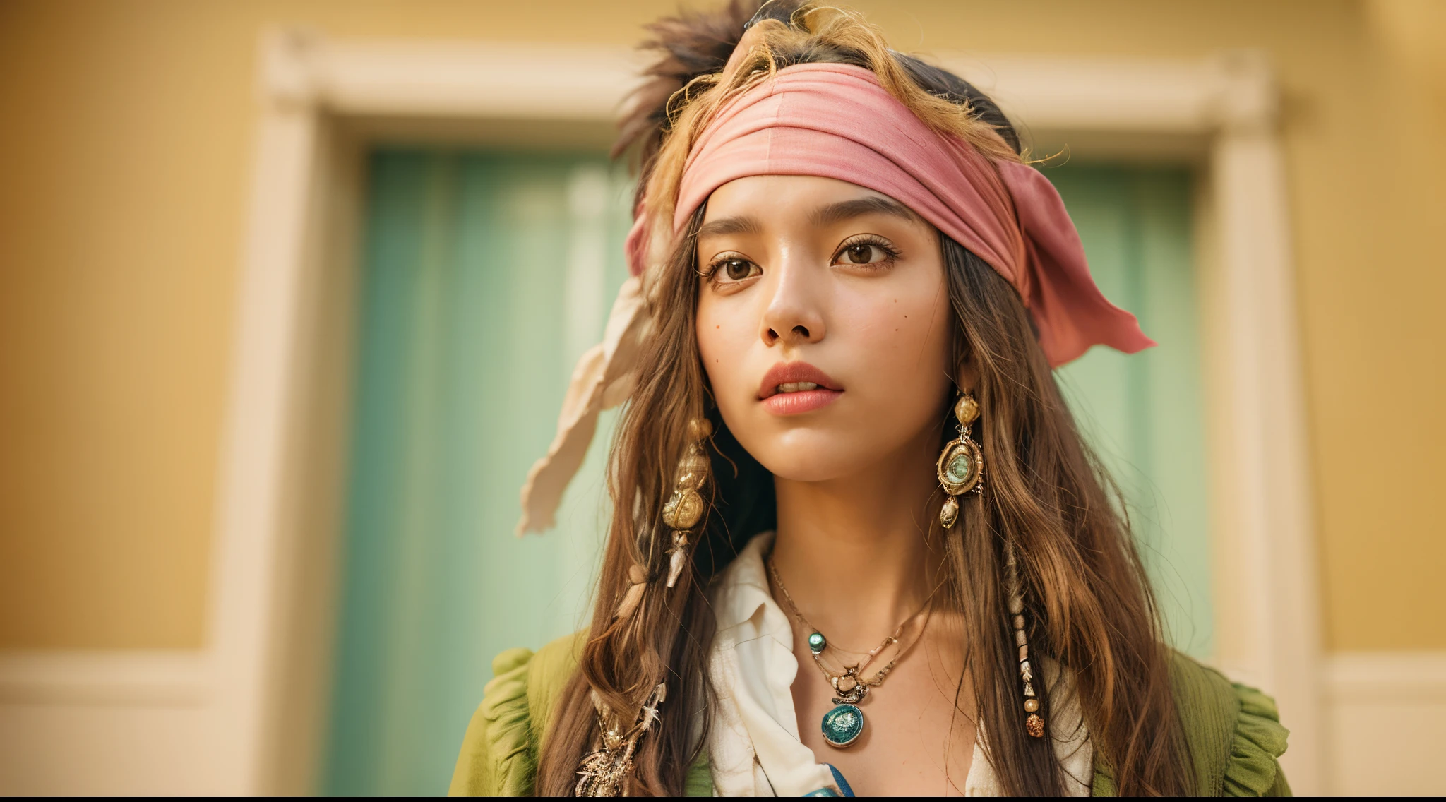 Vogue style photo shoot of malay age girl as character CAPTAIN JACK SPARROW from the movie pirates of the caribbean with pastel colored background in Wes Anderson style, hyper - realistic photography, Wes Anderson style, full body, 8k, close - up shot, extreme close - up photo