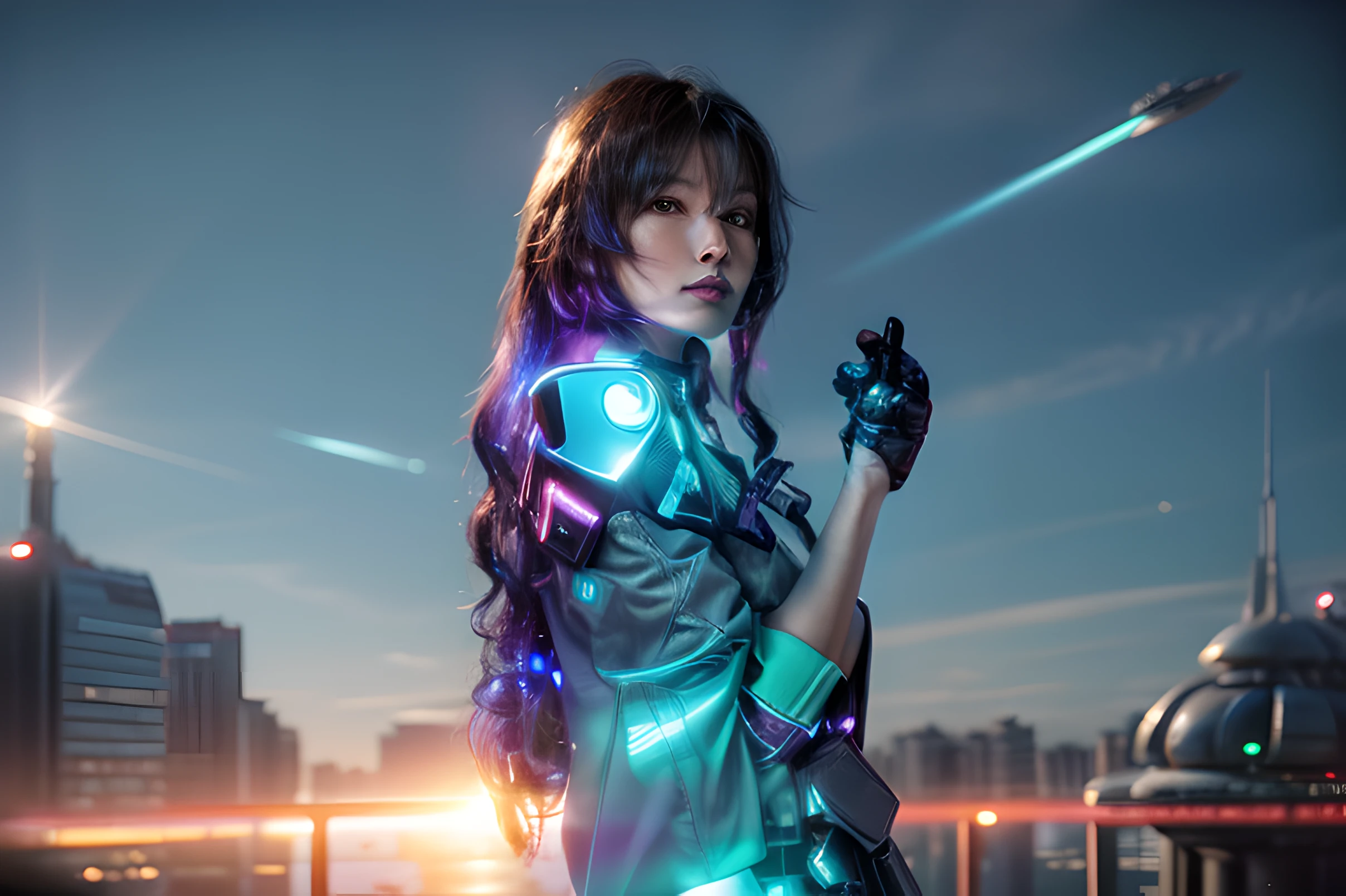 Her standing in futuristic cityscape:1.444, spaceship in sky:1.2, many neon lighting in city:1.4, (best photo), (ultra quality), ((super detail)), (((super realistic))), ((sci-fi themes:1.3))